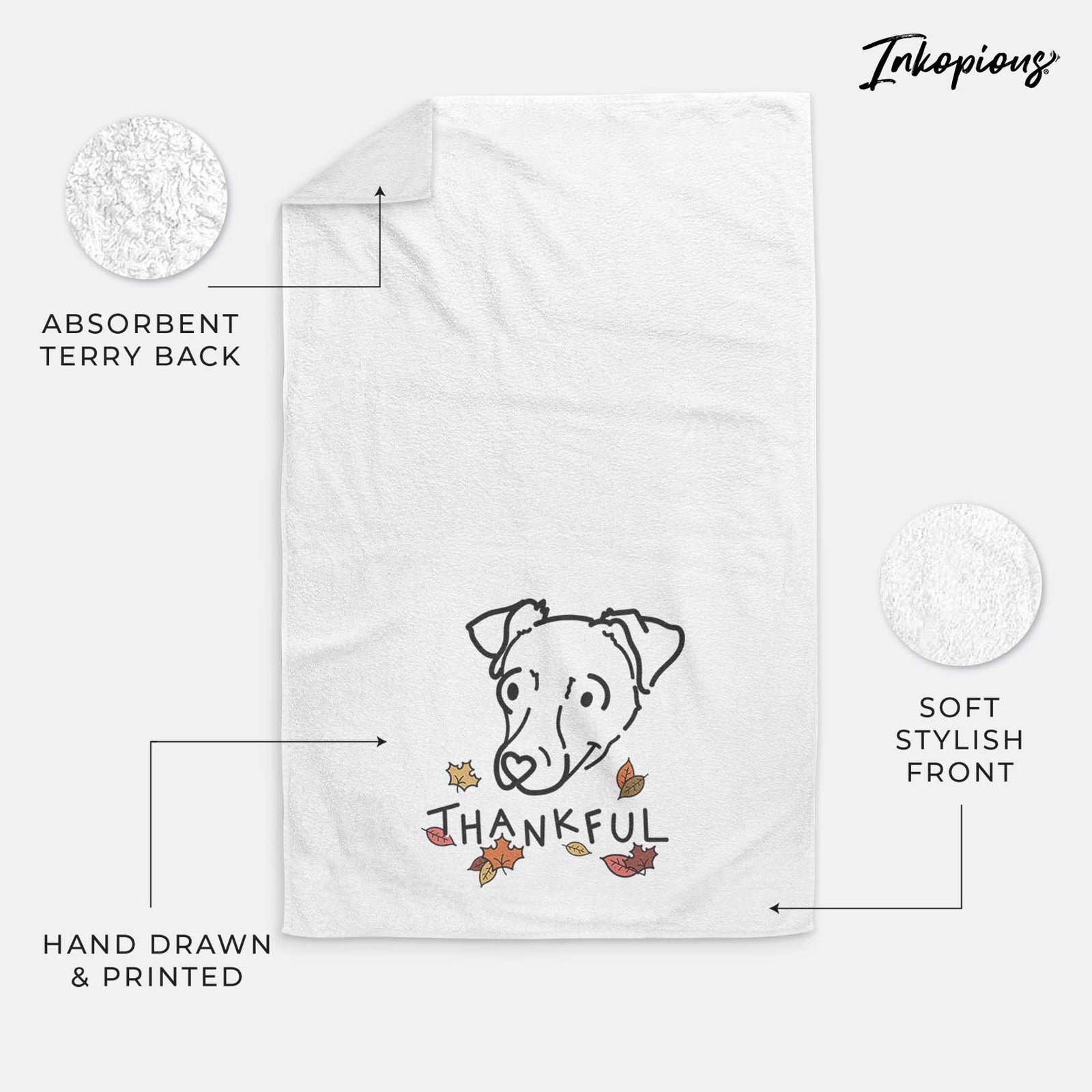 Minimalist line drawing of Tater Tot the Chiweenie with 'Thankful' lettering on a decorative hand towel