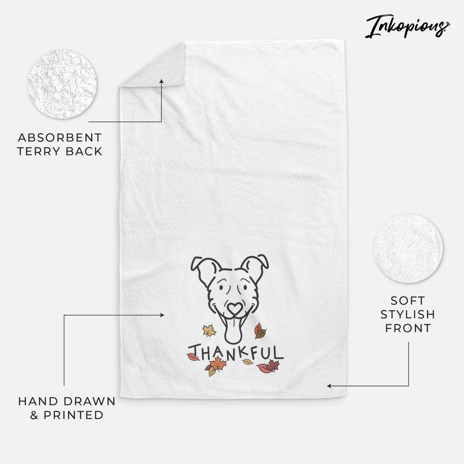 Minimalist line drawing of Tegan the Vizsla Mix with 'Thankful' lettering on a decorative hand towel