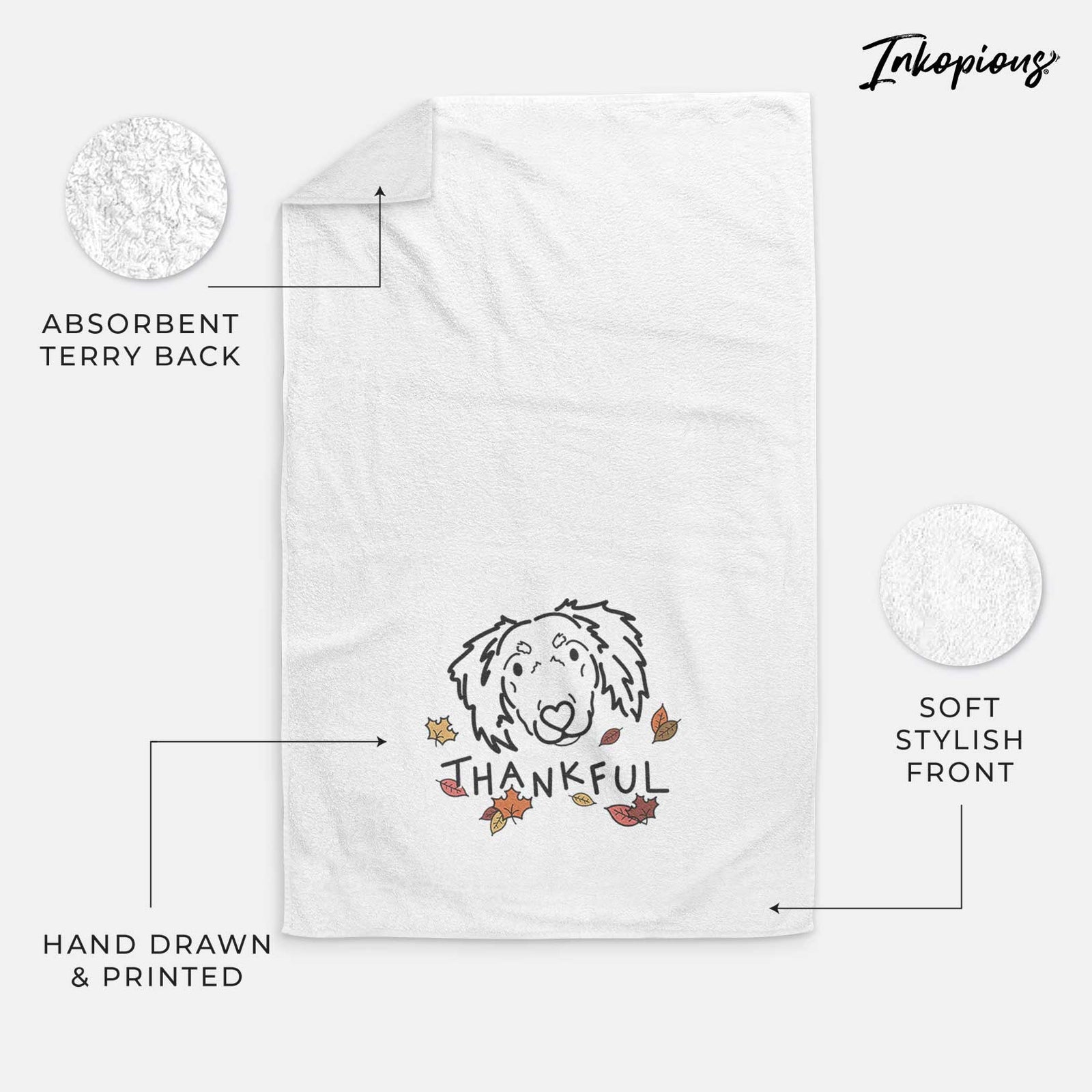 Minimalist line drawing of Tilly the Dachshund Mix with 'Thankful' lettering on a decorative hand towel
