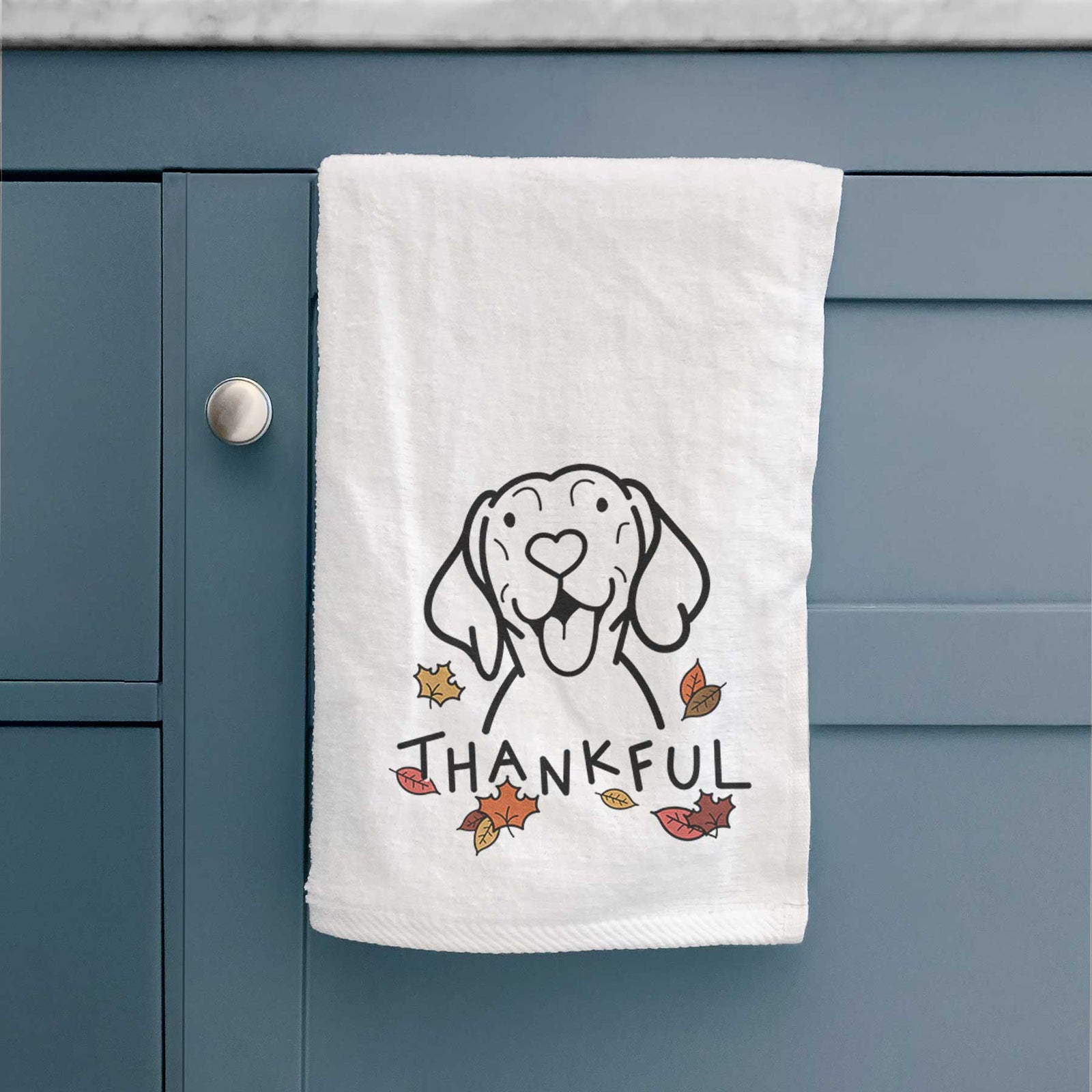 Minimalist line drawing of a Vizsla with 'Thankful' lettering on a decorative hand towel