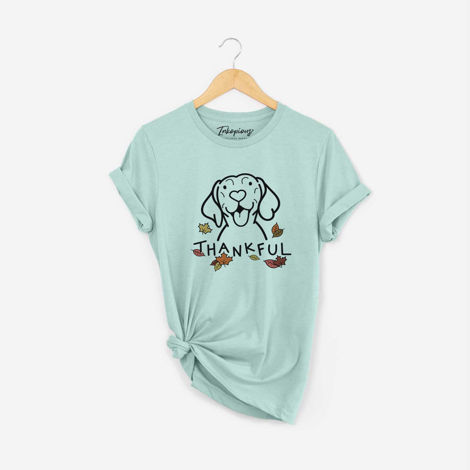 Minimalist line drawing of a Vizsla with 'Thankful' lettering on a Heather Sage Unisex crewneck