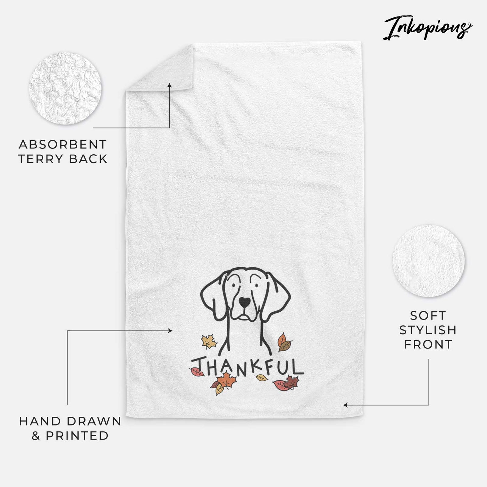 Minimalist line drawing of a Weimaraner with 'Thankful' lettering on a decorative hand towel