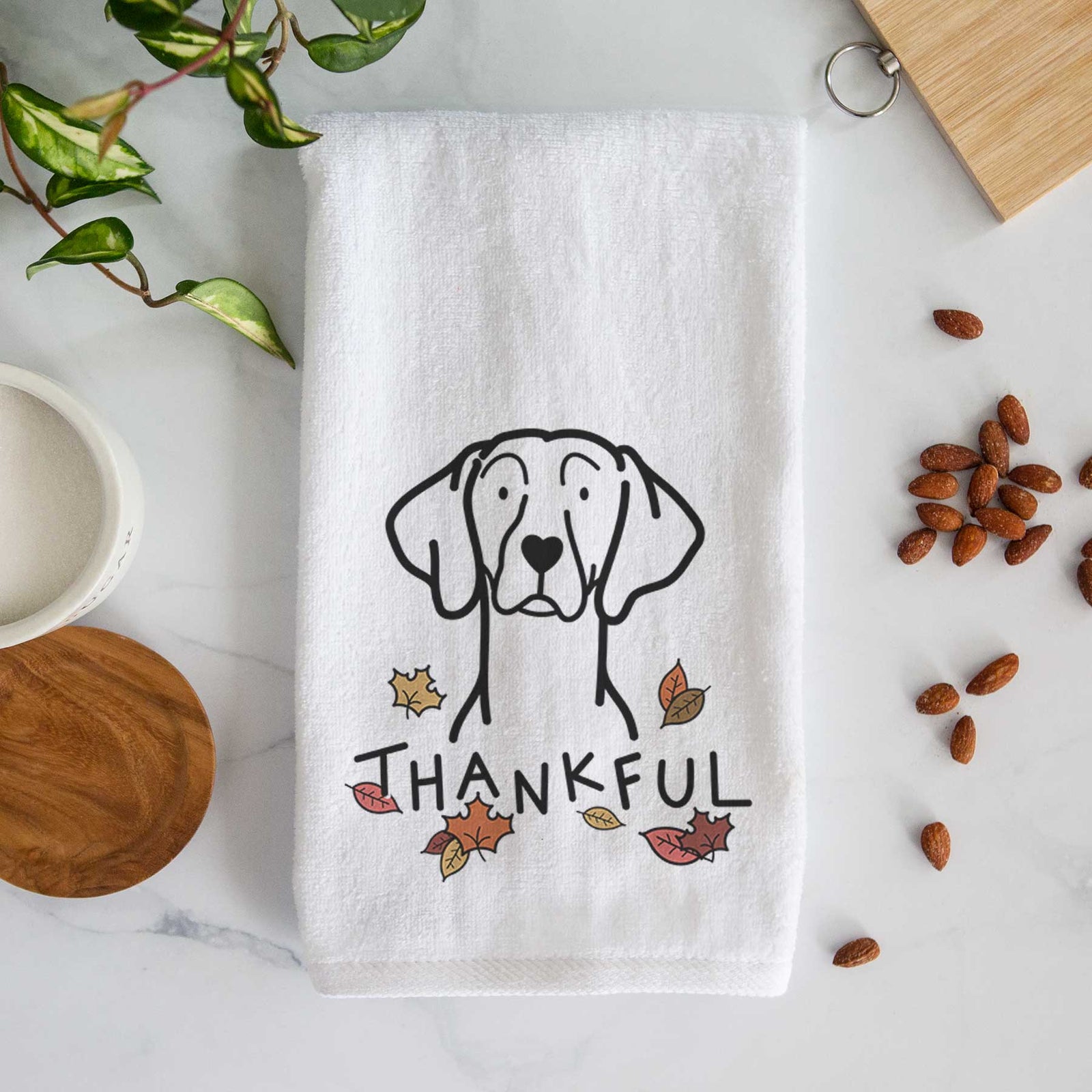 Minimalist line drawing of a Weimaraner with 'Thankful' lettering on a decorative hand towel
