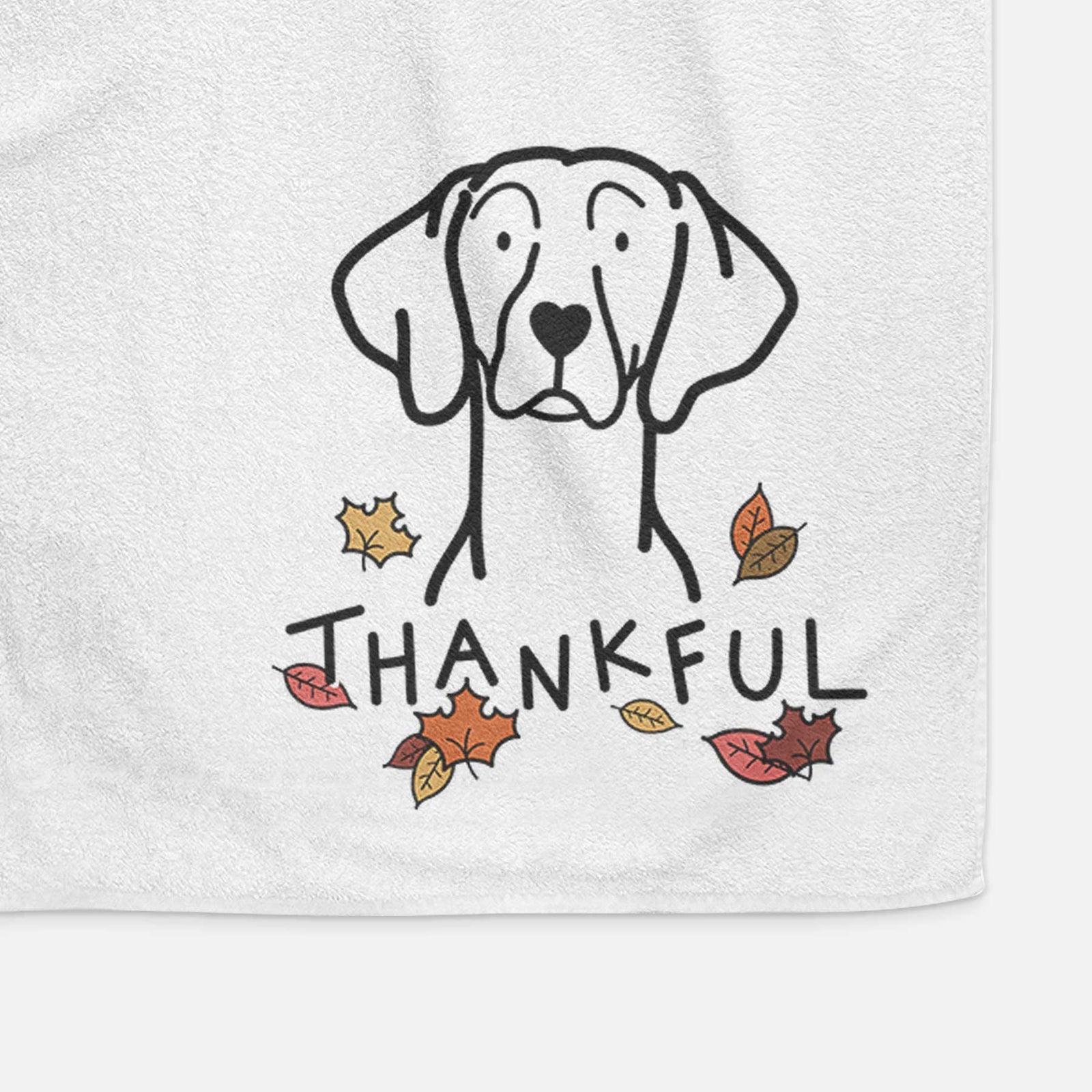 Minimalist line drawing of a Weimaraner with 'Thankful' lettering on a decorative hand towel