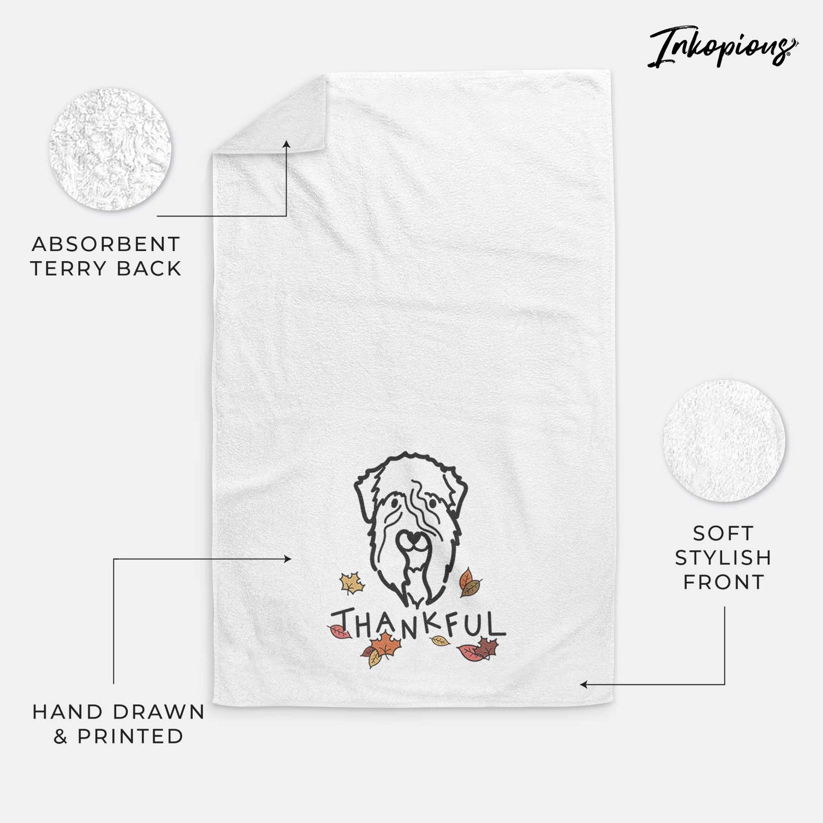 Minimalist line drawing of a Soft Coated Wheaten Terrier with 'Thankful' lettering on a decorative hand towel
