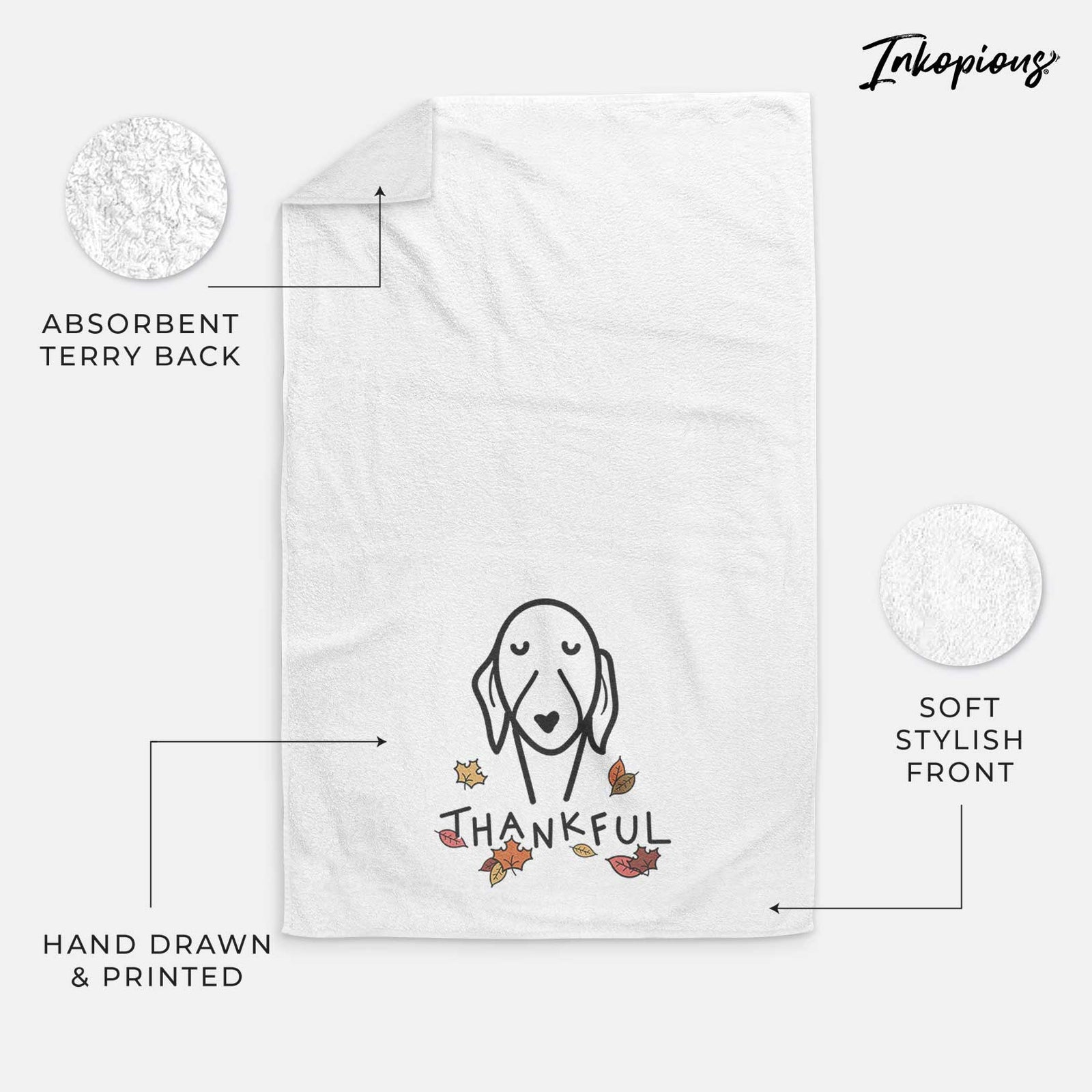 Minimalist line drawing of a Whippet with 'Thankful' lettering on a decorative hand towel