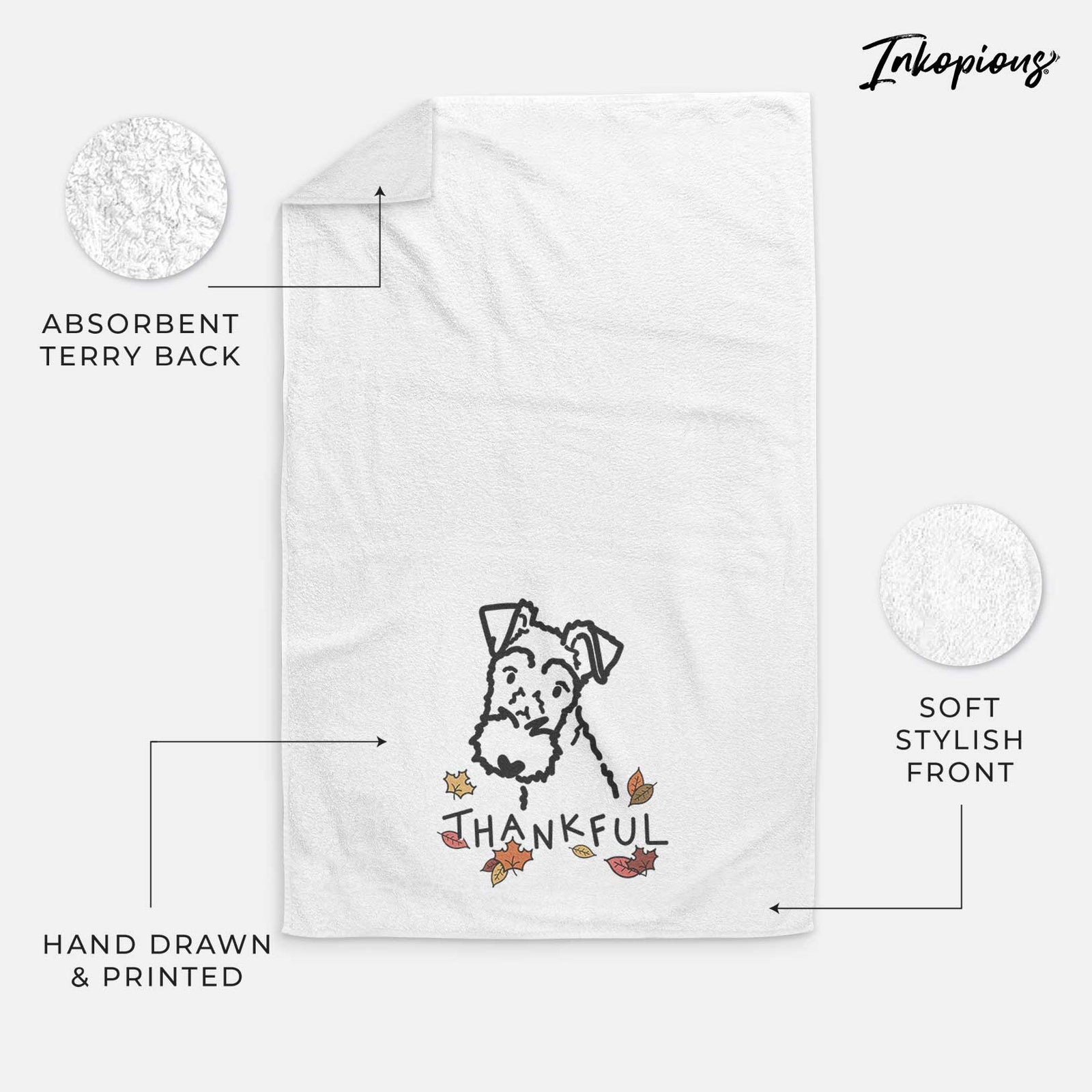 Minimalist line drawing of a Wire Fox Terrier with 'Thankful' lettering on a decorative hand towel
