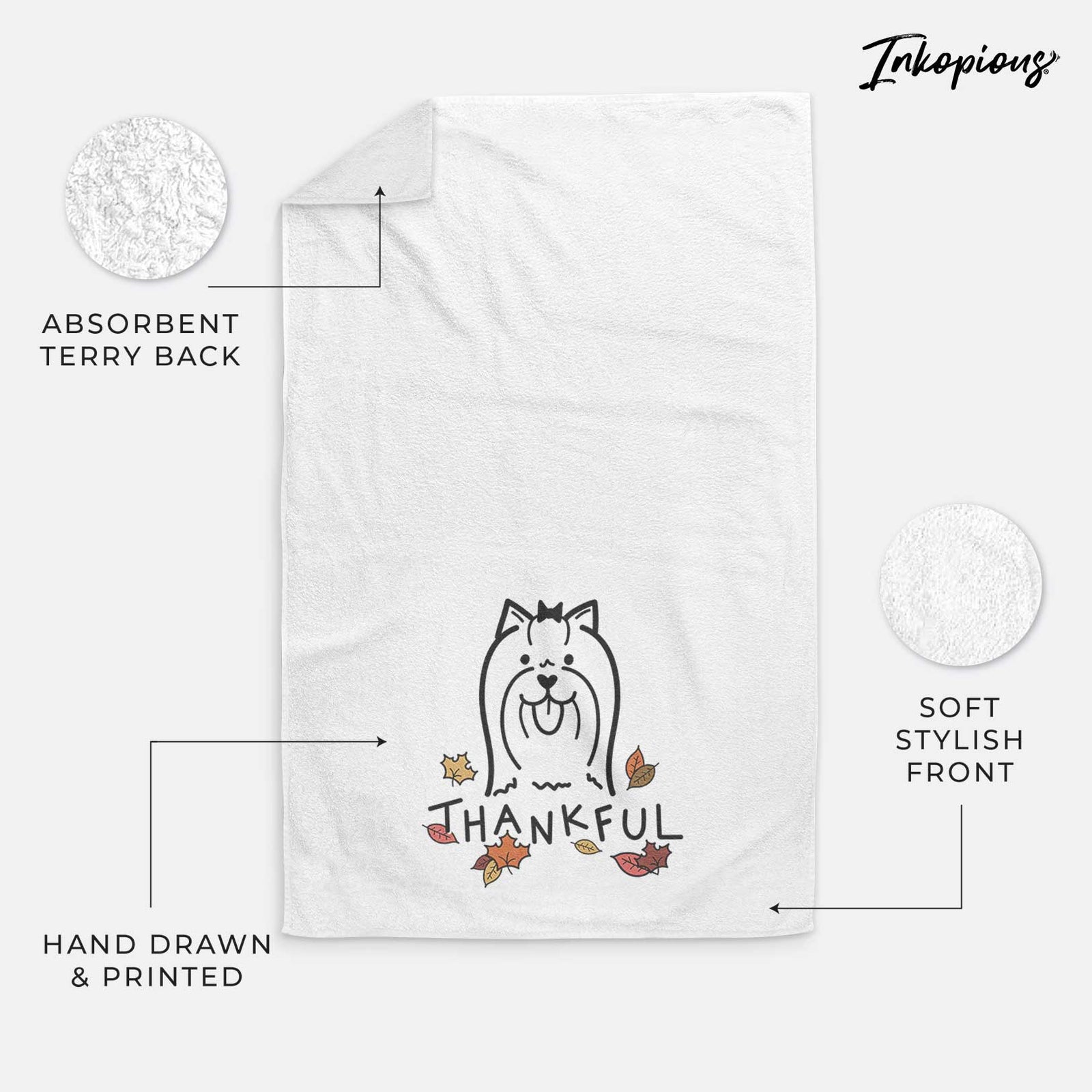 Minimalist line drawing of a Yorkshire Terrier with 'Thankful' lettering on a decorative hand towel