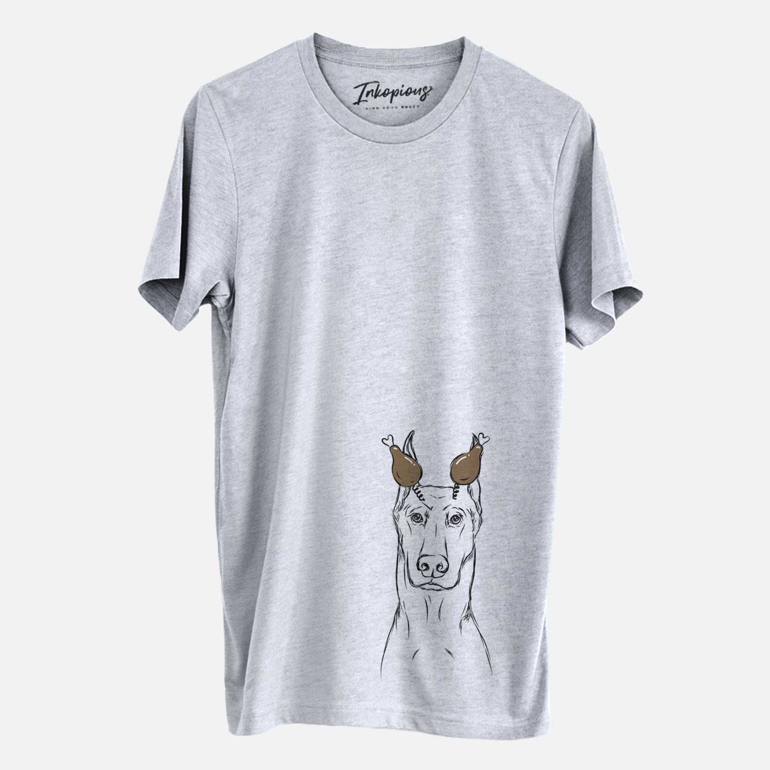 Hand-drawn sketch of Ace the Doberman Pinscher with a Thanksgiving turkey headpiece on a Grey Unisex crewneck