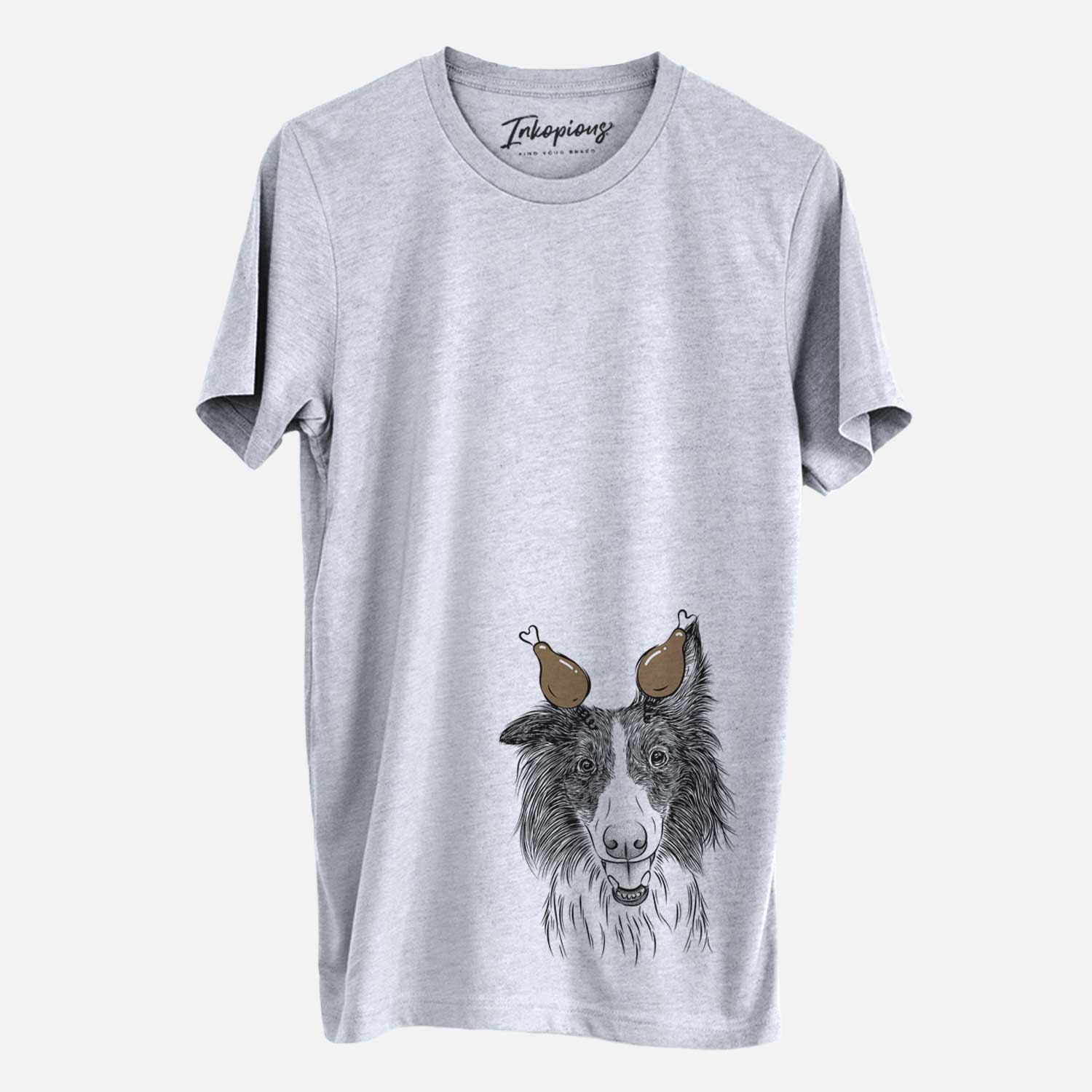 Hand-drawn sketch of Archie the Silken Windhound with a Thanksgiving turkey headpiece on a Grey Unisex crewneck