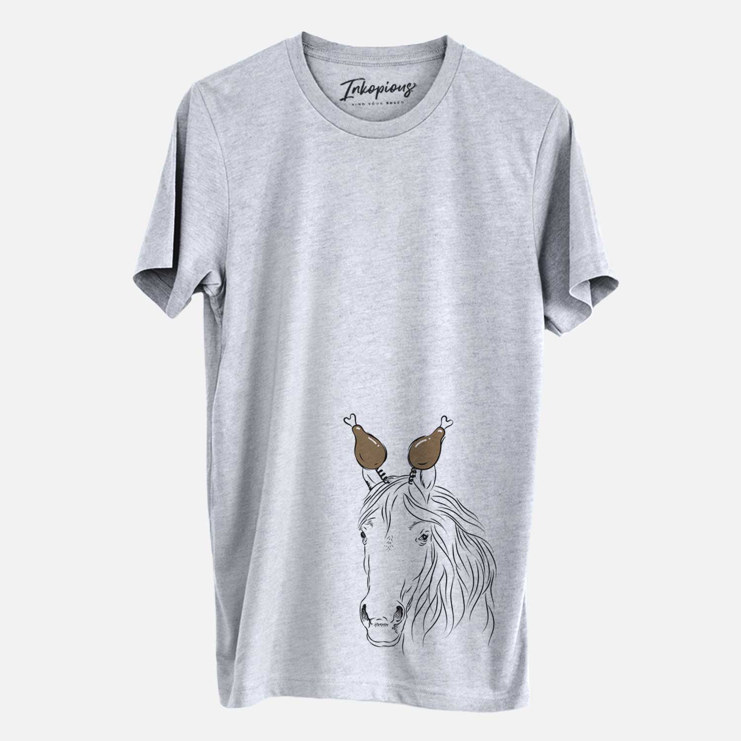 Hand-drawn sketch of Aria the Horse with a Thanksgiving turkey headpiece on a Grey Unisex crewneck
