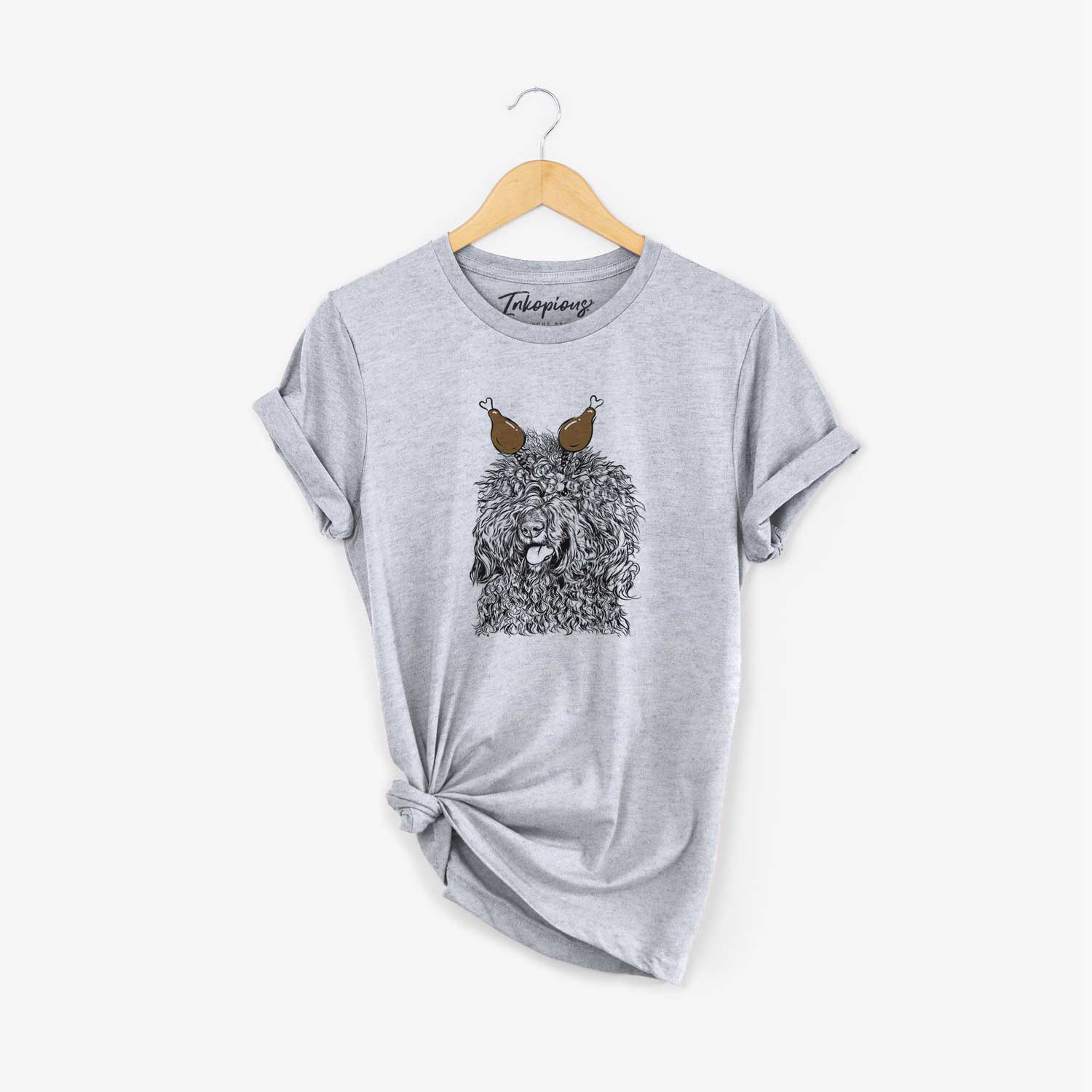 Hand-drawn sketch of Babs the Barbet with a Thanksgiving turkey headpiece on a Grey Unisex crewneck