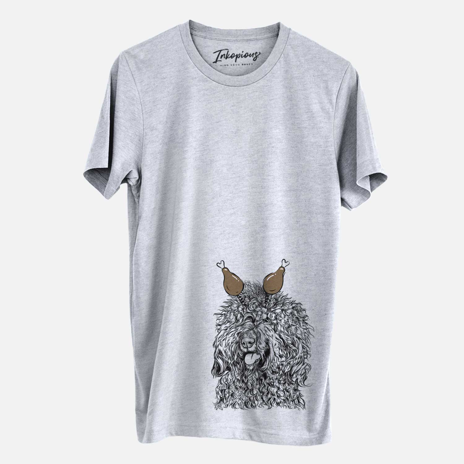 Hand-drawn sketch of Babs the Barbet with a Thanksgiving turkey headpiece on a Grey Unisex crewneck