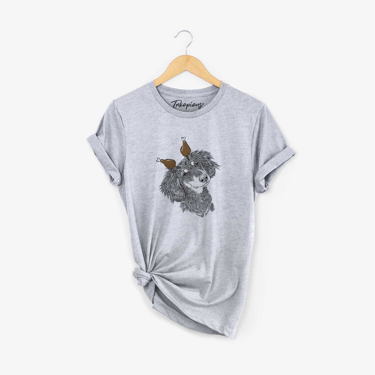 Hand-drawn sketch of Bailey the Long Haired Dachshund with a Thanksgiving turkey headpiece on a Grey Unisex crewneck