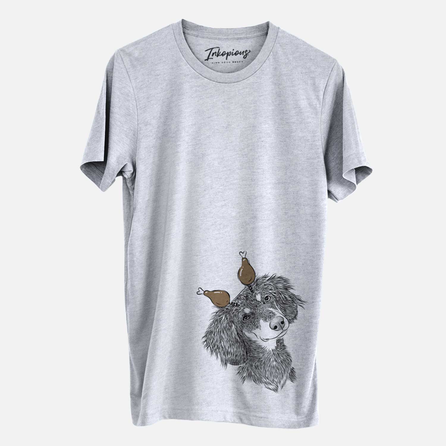 Hand-drawn sketch of Bailey the Long Haired Dachshund with a Thanksgiving turkey headpiece on a Grey Unisex crewneck