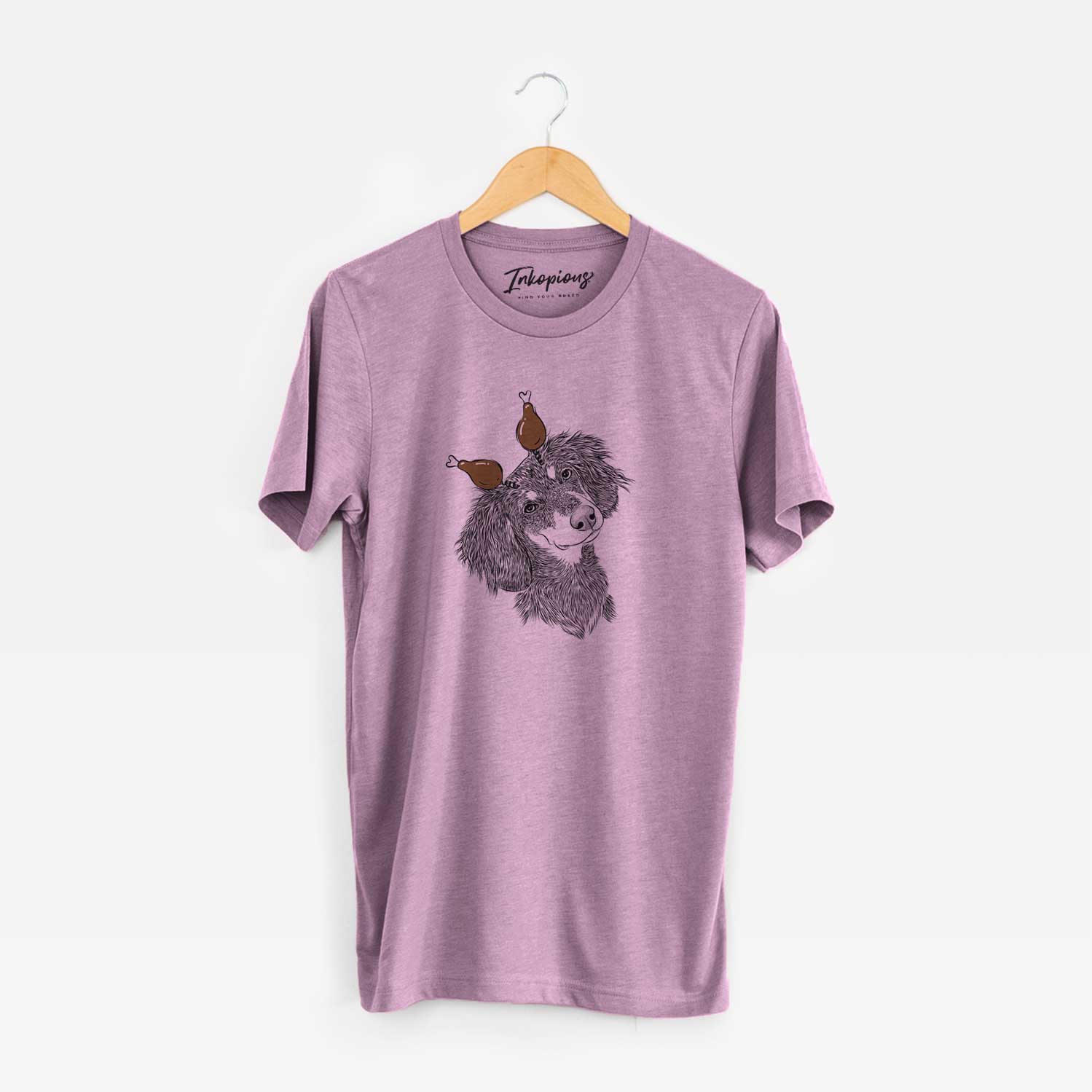Hand-drawn sketch of Bailey the Long Haired Dachshund with a Thanksgiving turkey headpiece on an Orchid Unisex crewneck