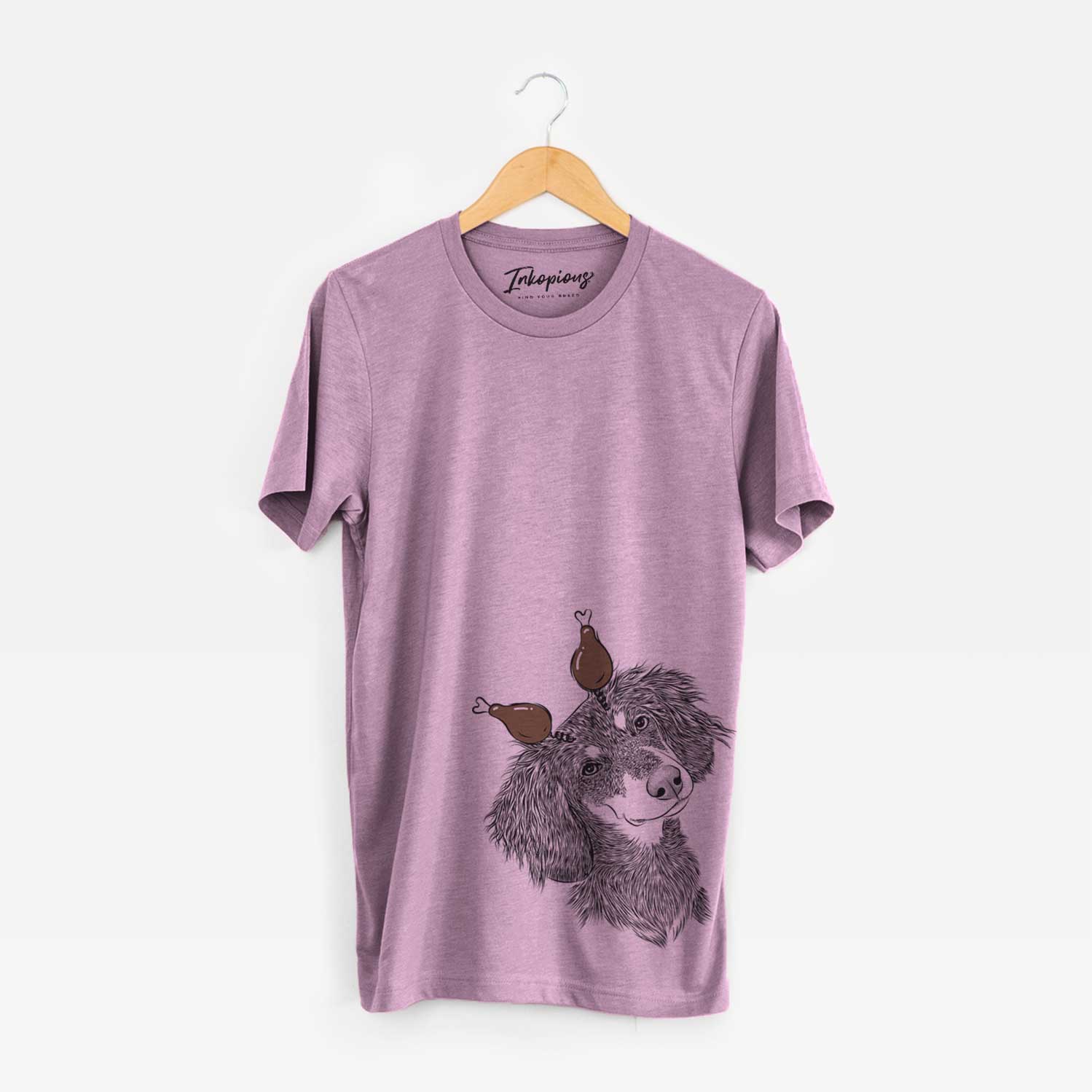 Hand-drawn sketch of Bailey the Long Haired Dachshund with a Thanksgiving turkey headpiece on an Orchid Unisex crewneck