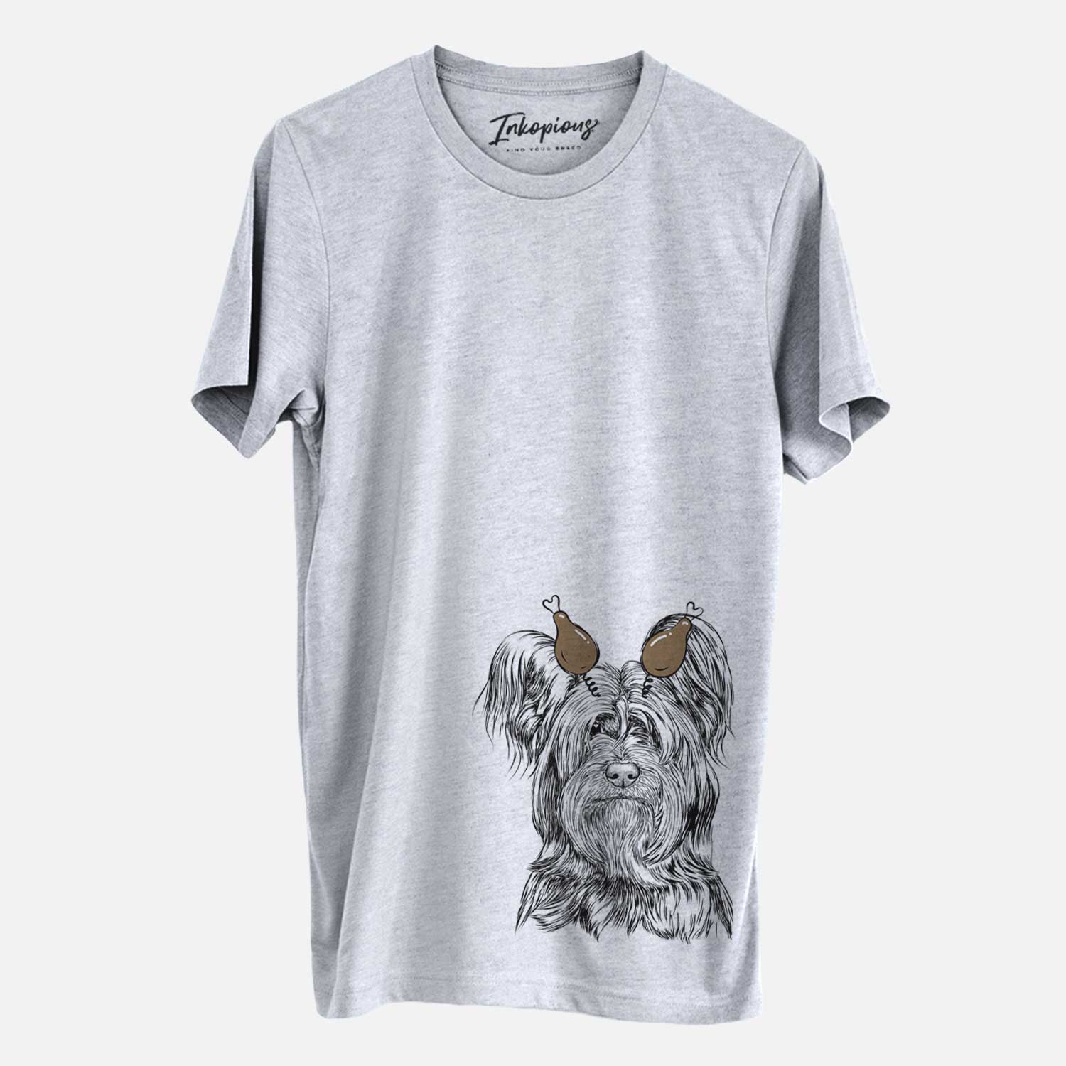 Hand-drawn sketch of Bandit the Skye Terrier with a Thanksgiving turkey headpiece on a Grey Unisex crewneck