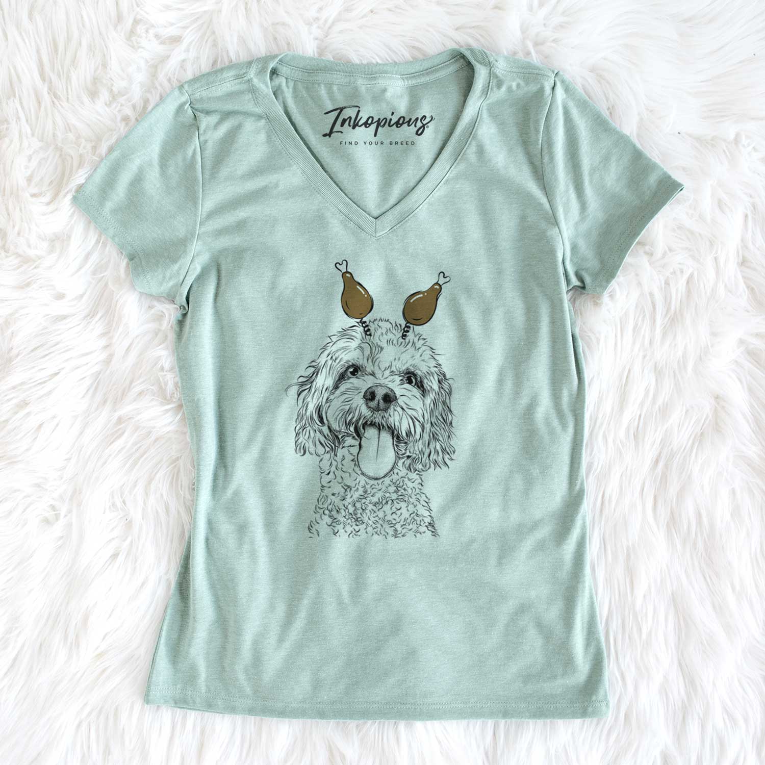 Thanksgiving Barney the Cavachon - Women's V-neck Shirt
