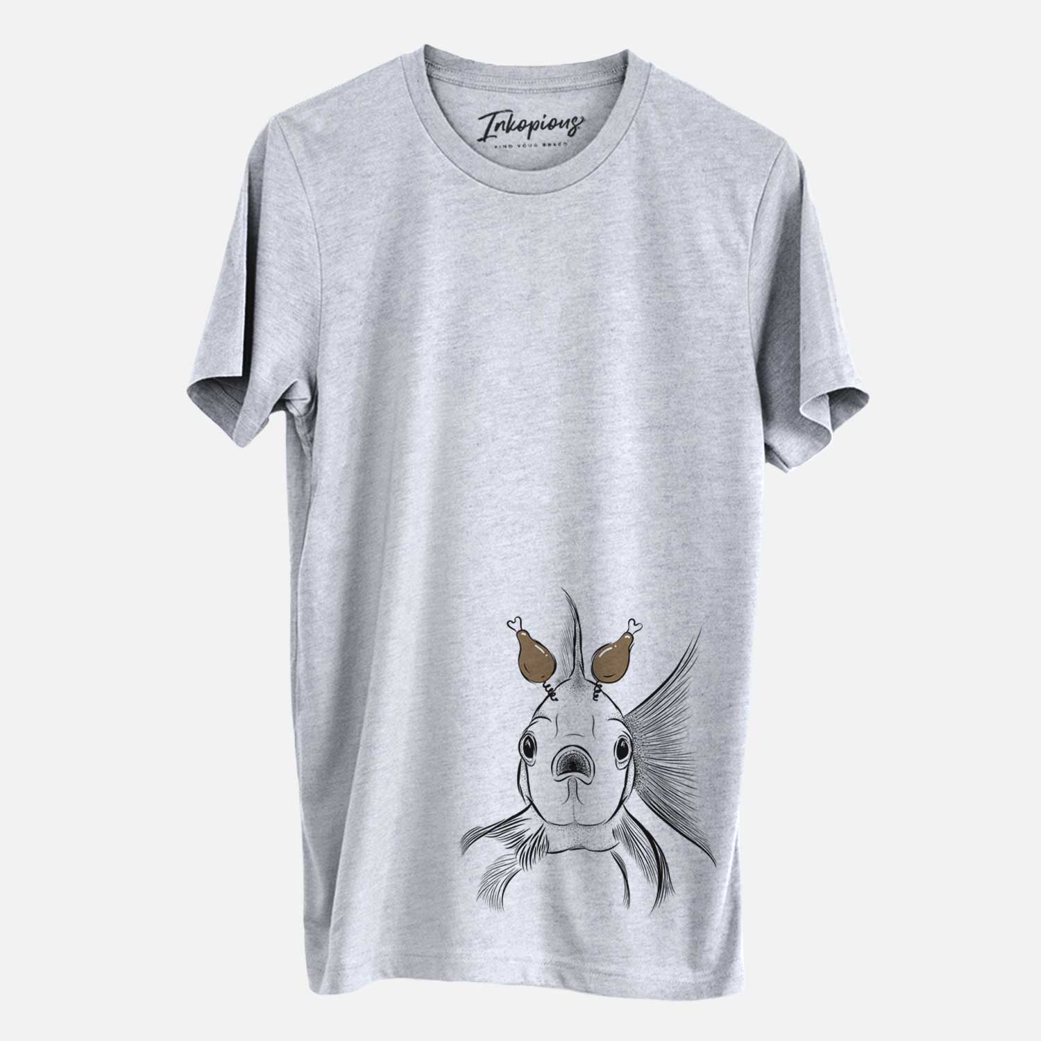 Hand-drawn sketch of Beefcake the Goldfish with a Thanksgiving turkey headpiece on a Grey Unisex crewneck
