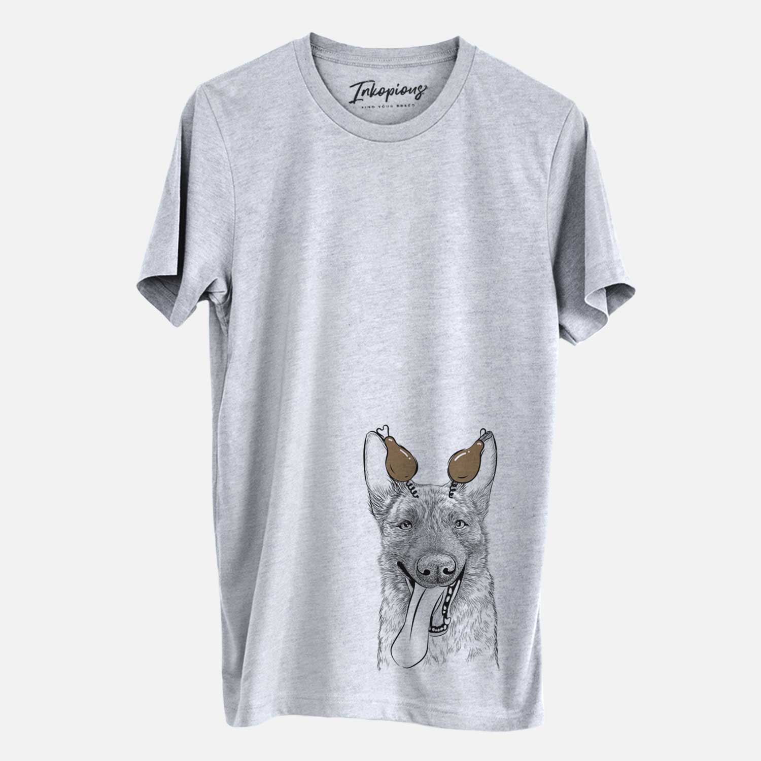 Hand-drawn sketch of Bessa the Dutch Shepherd with a Thanksgiving turkey headpiece on a Grey Unisex crewneck