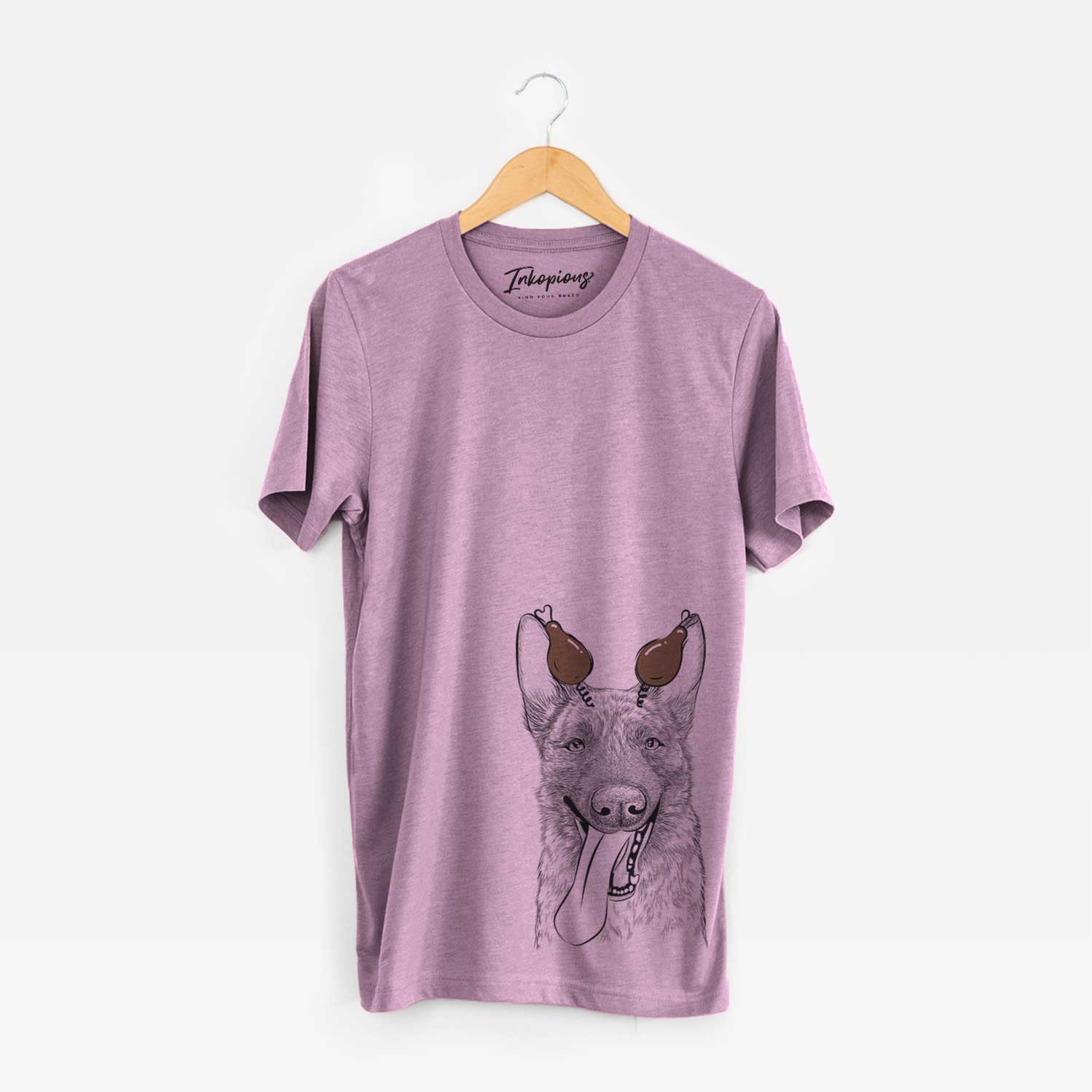 Hand-drawn sketch of Bessa the Dutch Shepherd with a Thanksgiving turkey headpiece on an Orchid Unisex crewneck