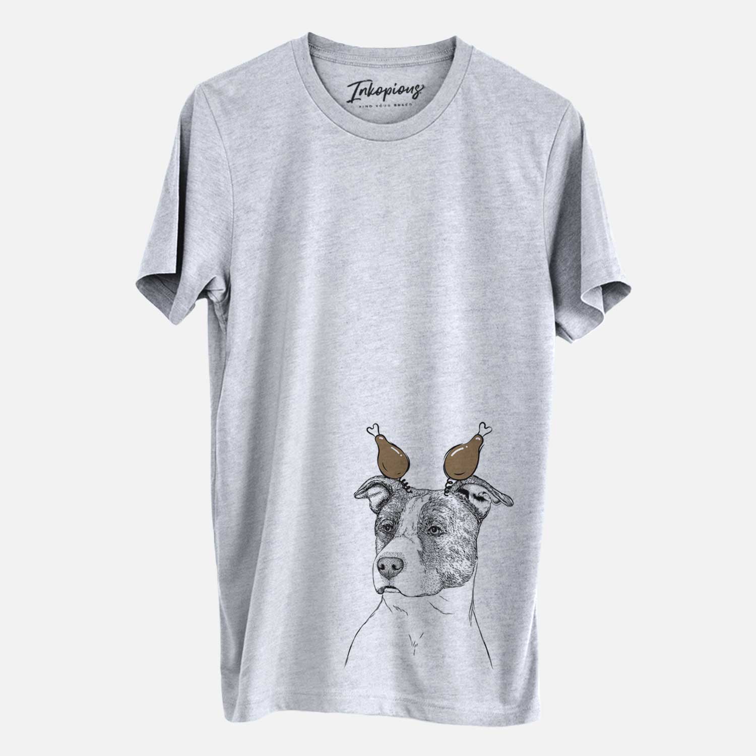Hand-drawn sketch of Blu the Pitbull with a Thanksgiving turkey headpiece on a Grey Unisex crewneck