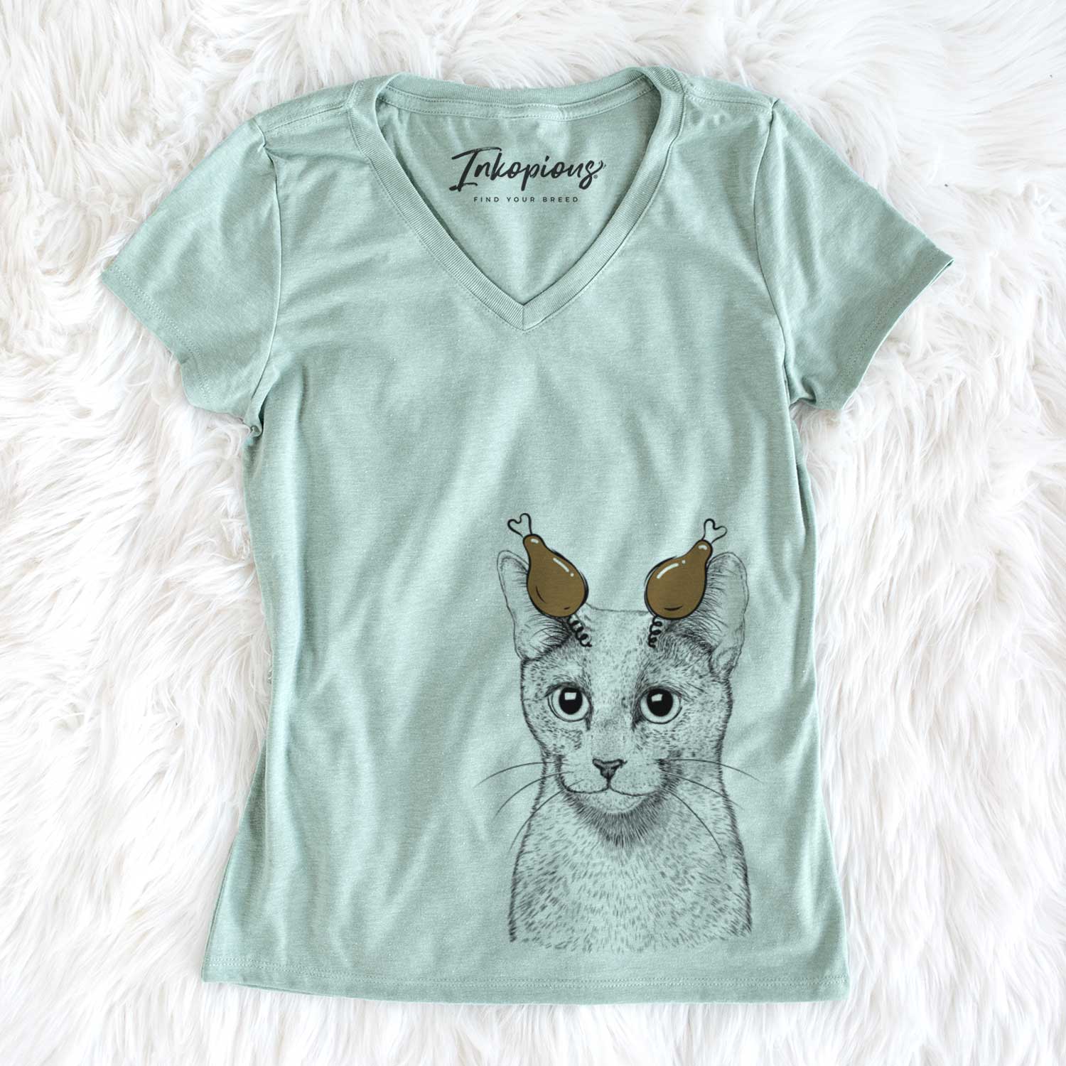 Thanksgiving Blue the Russsian Blue Cat - Women's V-neck Shirt