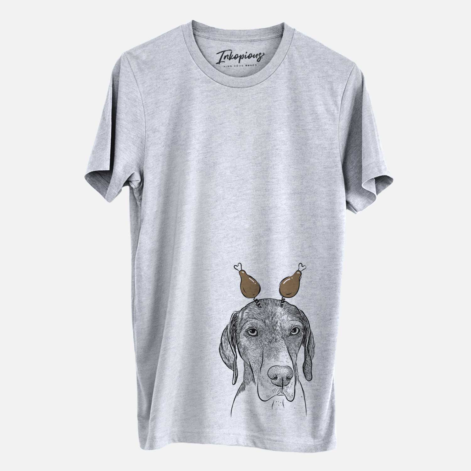 Hand-drawn sketch of Bohdi the German Shorthaired Pointer with a Thanksgiving turkey headpiece on a Grey Unisex crewneck