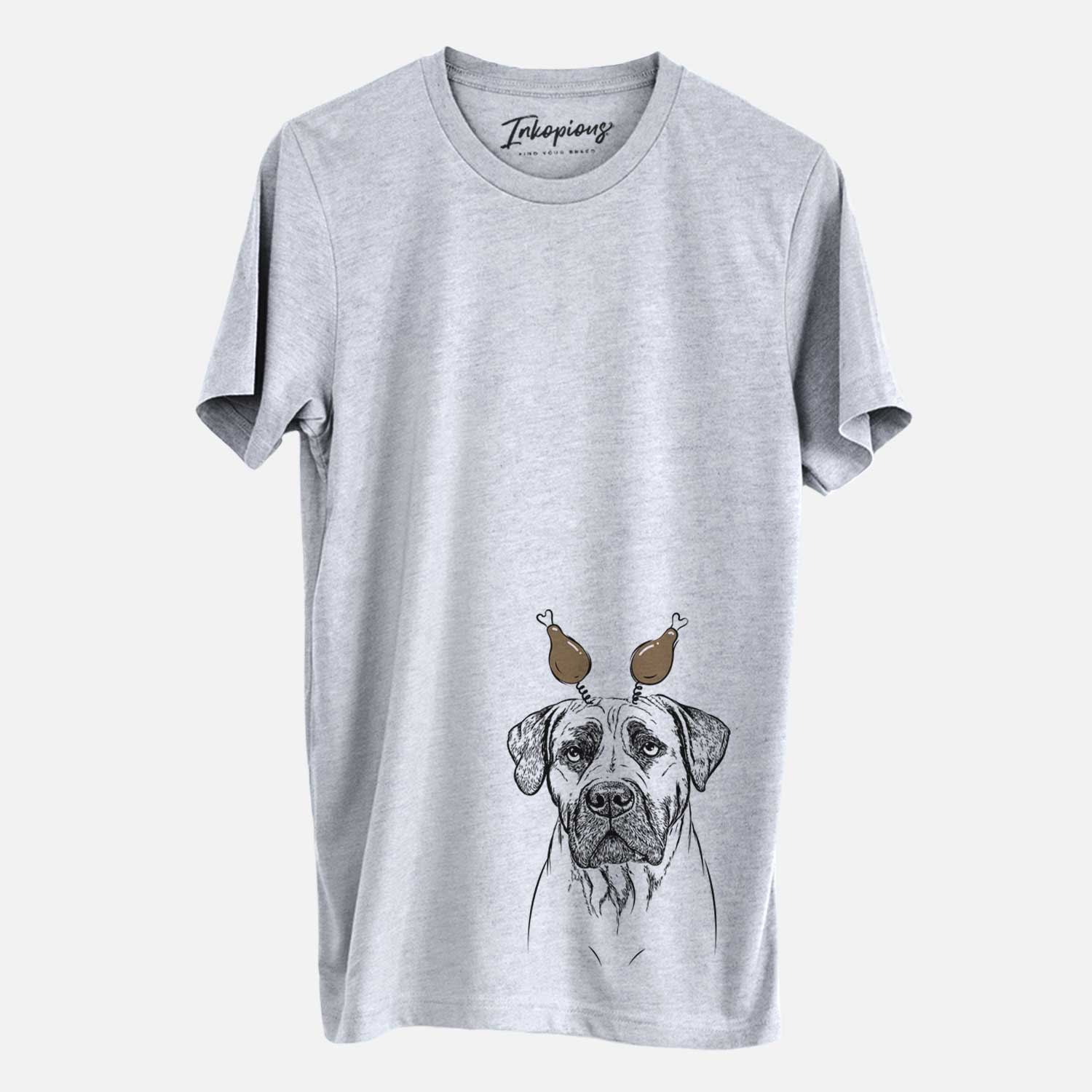 Hand-drawn sketch of Boris the Boerboel with a Thanksgiving turkey headpiece on a Grey Unisex crewneck