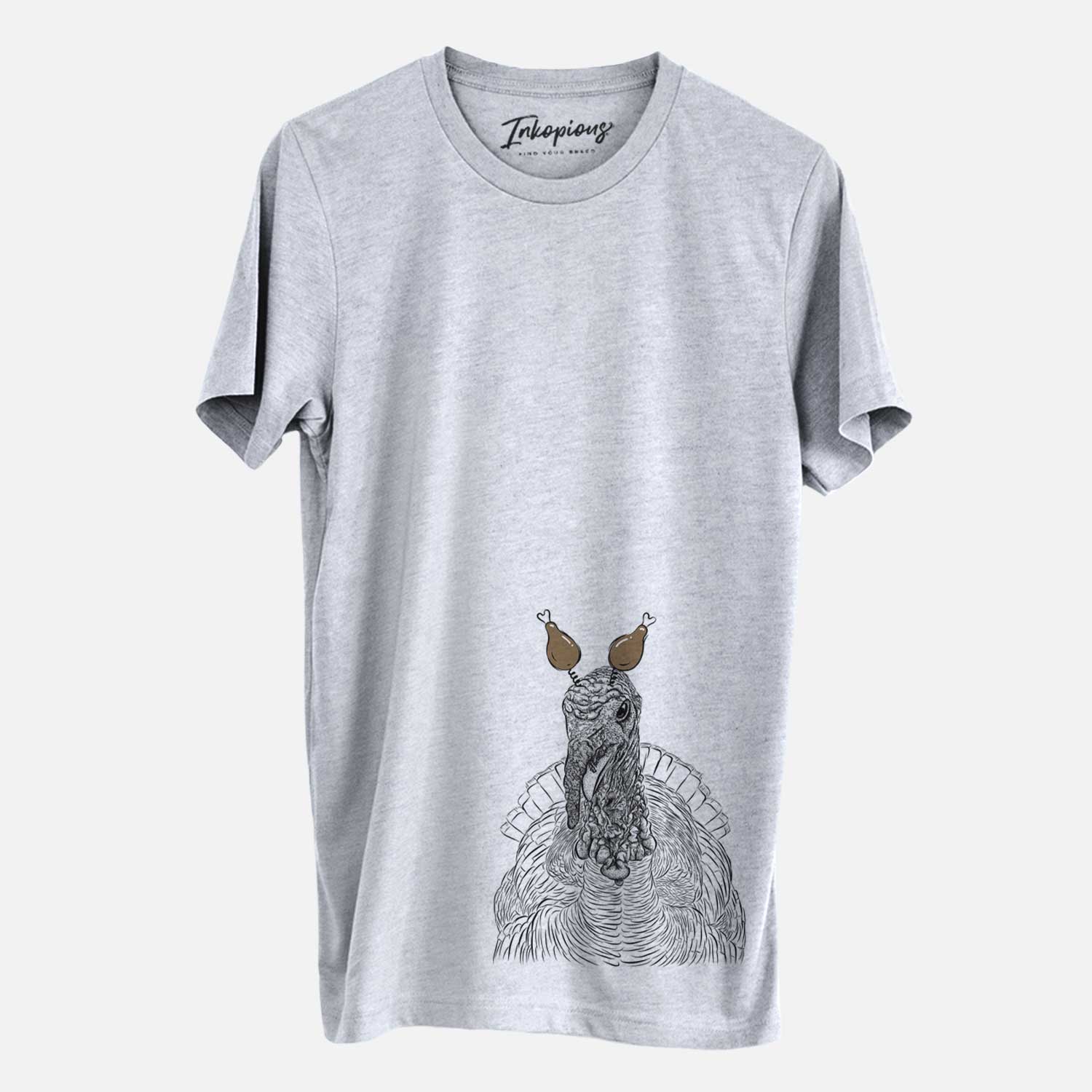 Hand-drawn sketch of Brady the Turkey with a Thanksgiving turkey headpiece on a Grey Unisex crewneck