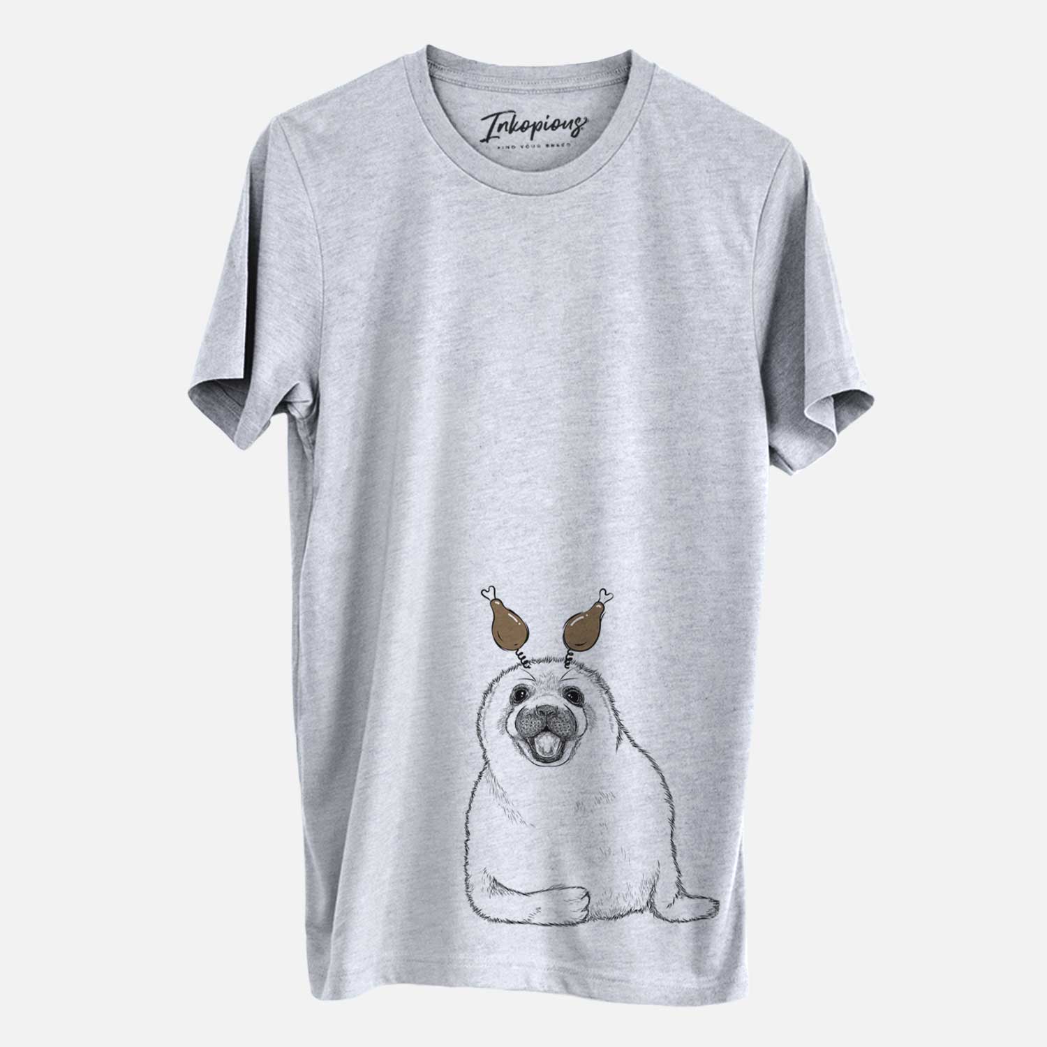 Hand-drawn sketch of Bub the Harp Seal with a Thanksgiving turkey headpiece on a Grey Unisex crewneck