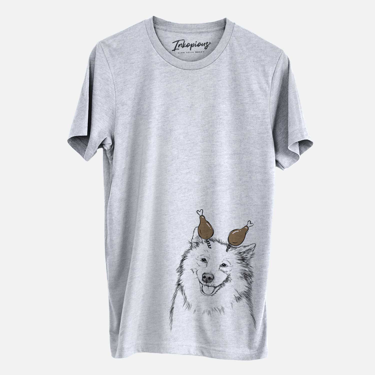 Hand-drawn sketch of Caico the Samoyed with a Thanksgiving turkey headpiece on a Grey Unisex crewneck