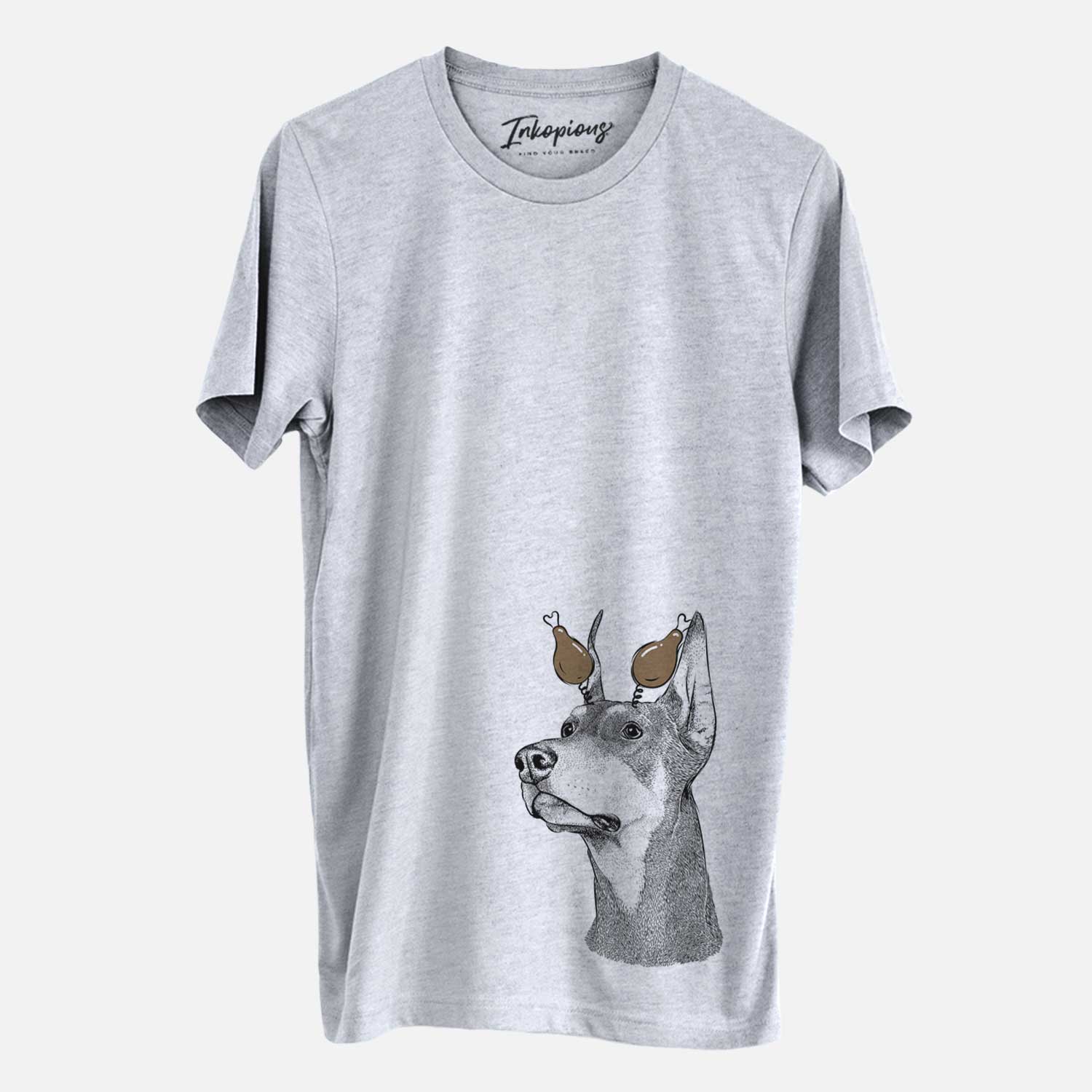 Hand-drawn sketch of Cenza the Doberman Pinscher with a Thanksgiving turkey headpiece on a Grey Unisex crewneck