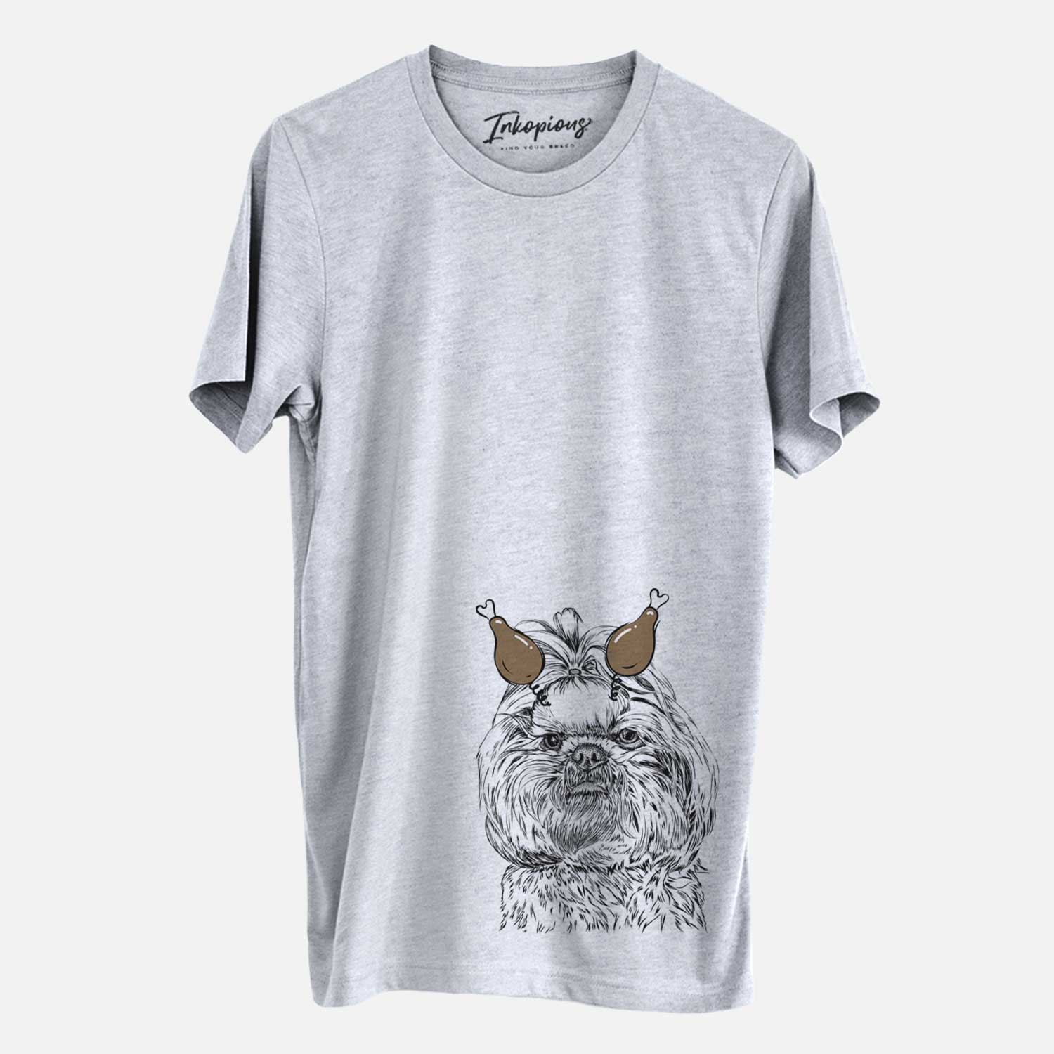 Hand-drawn sketch of Chewie the Shih Tzu with a Thanksgiving turkey headpiece on a Grey Unisex crewneck