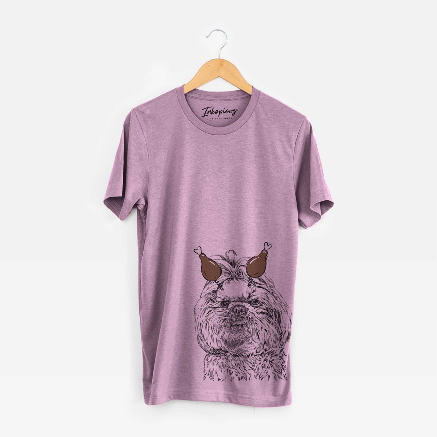 Hand-drawn sketch of Chewie the Shih Tzu with a Thanksgiving turkey headpiece on an Orchid Unisex crewneck