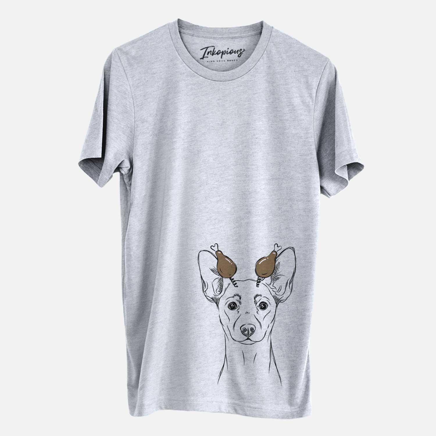 Hand-drawn sketch of Chillie the Mini Pinscher with a Thanksgiving turkey headpiece on a Grey Unisex crewneck