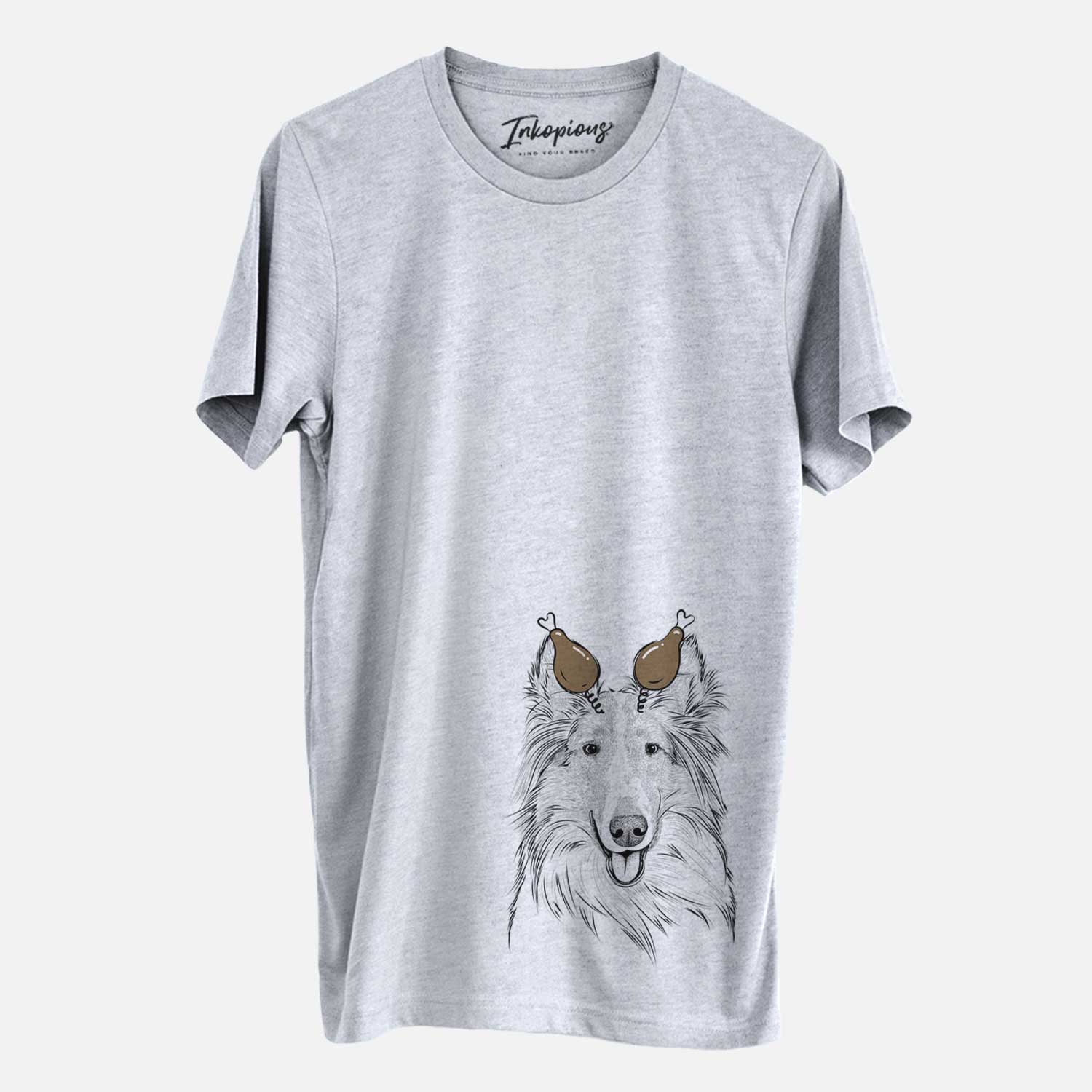 Hand-drawn sketch of Conrad the Rough Collie with a Thanksgiving turkey headpiece on a Grey Unisex crewneck