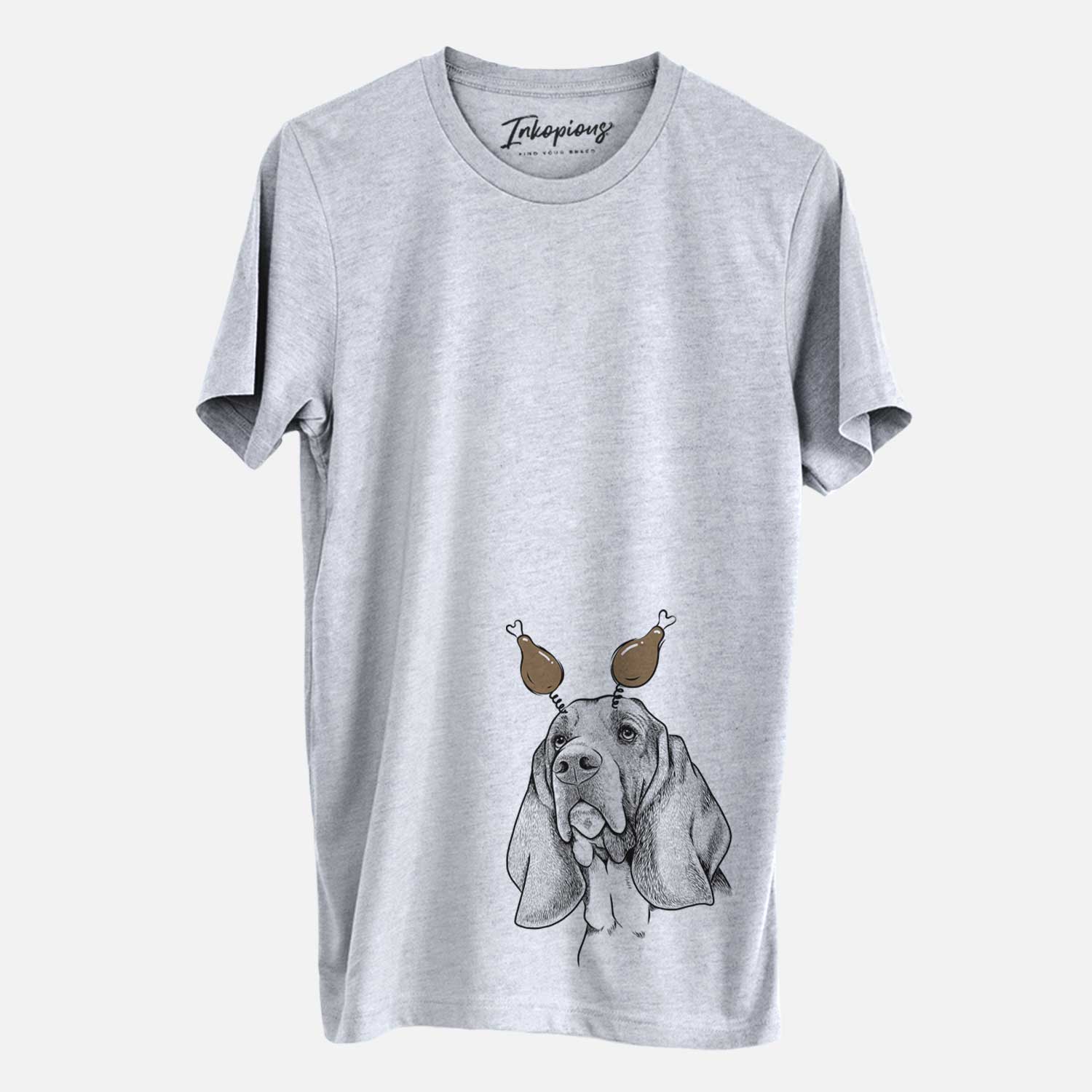Hand-drawn sketch of Cooper the Basset Hound with a Thanksgiving turkey headpiece on a Grey Unisex crewneck