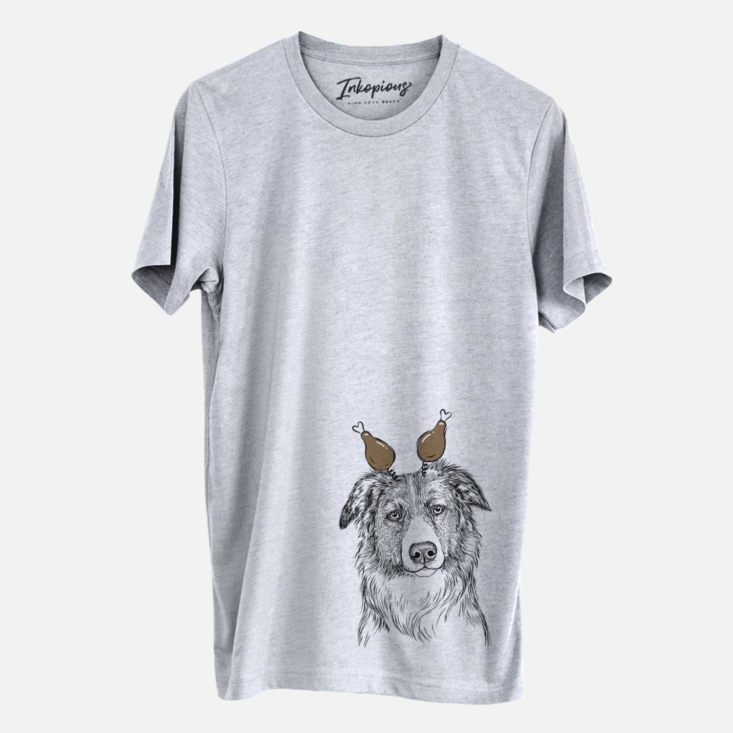 Hand-drawn sketch of Cynder the English Shepherd with a Thanksgiving turkey headpiece on a Grey Unisex crewneck