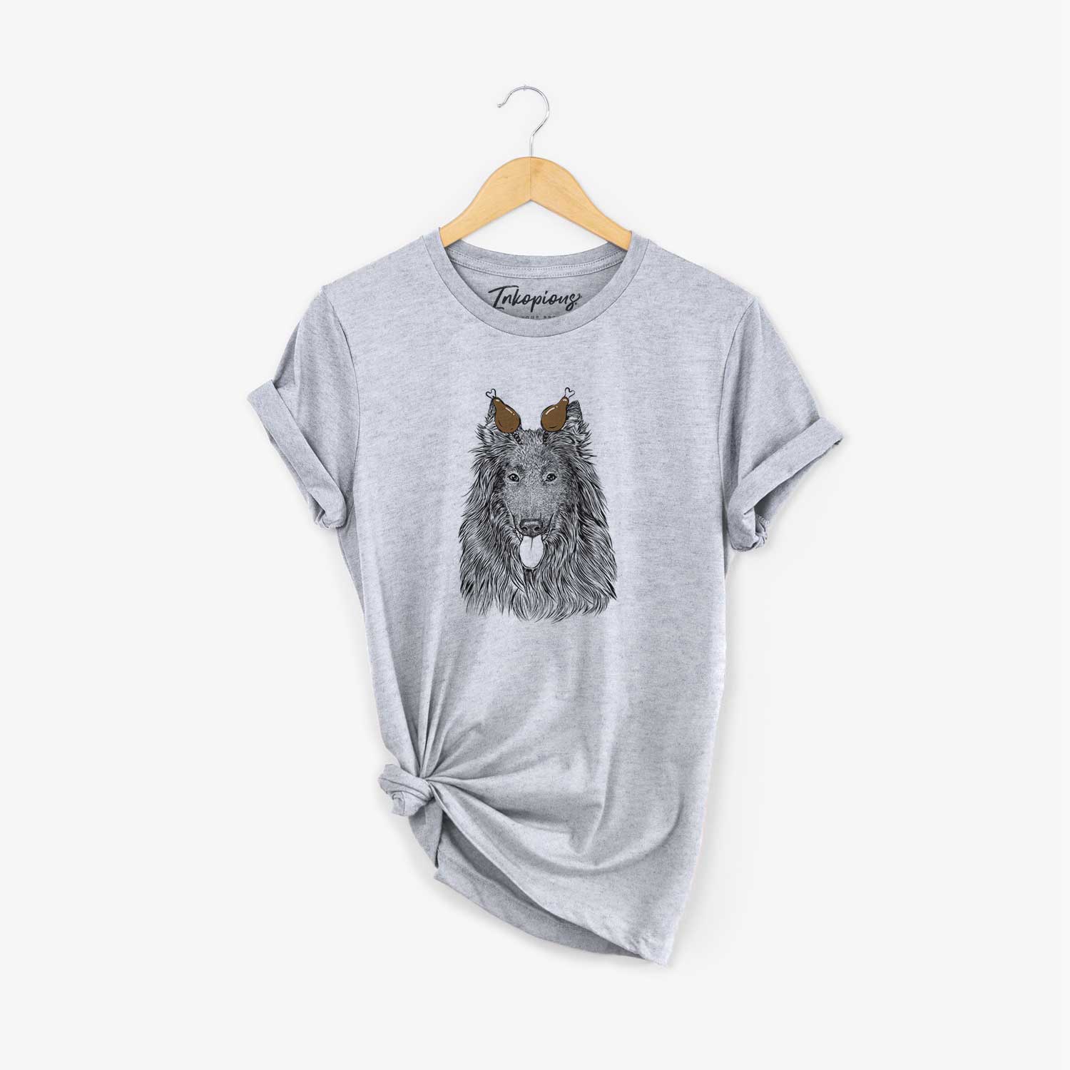 Hand-drawn sketch of Daan the Belgian Shepherd with a Thanksgiving turkey headpiece on a Grey Unisex crewneck