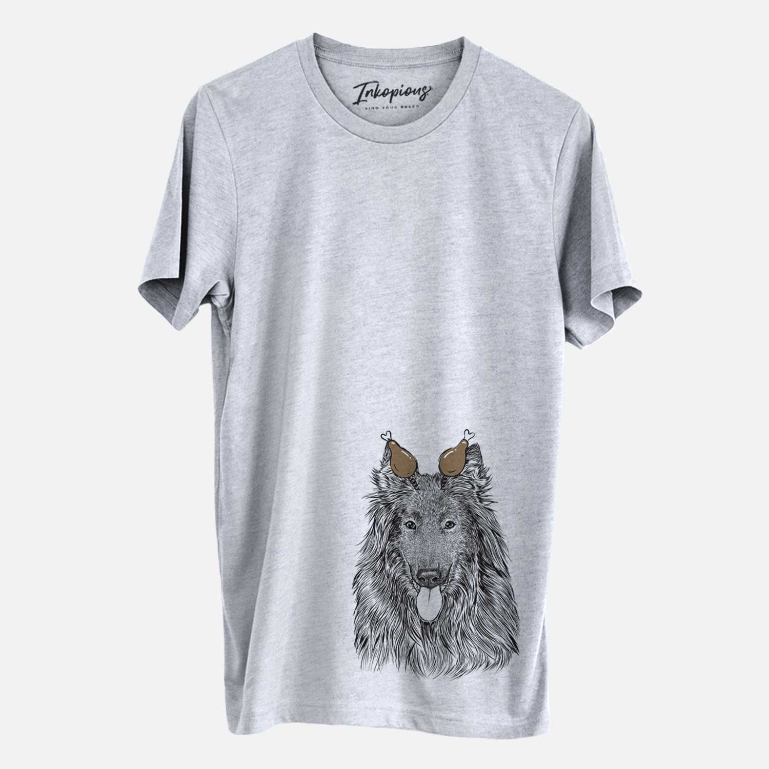 Hand-drawn sketch of Daan the Belgian Shepherd with a Thanksgiving turkey headpiece on a Grey Unisex crewneck
