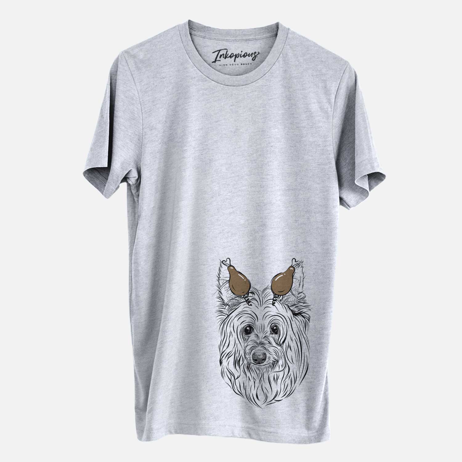 Hand-drawn sketch of Daisy May the Silky Terrier with a Thanksgiving turkey headpiece on a Grey Unisex crewneck