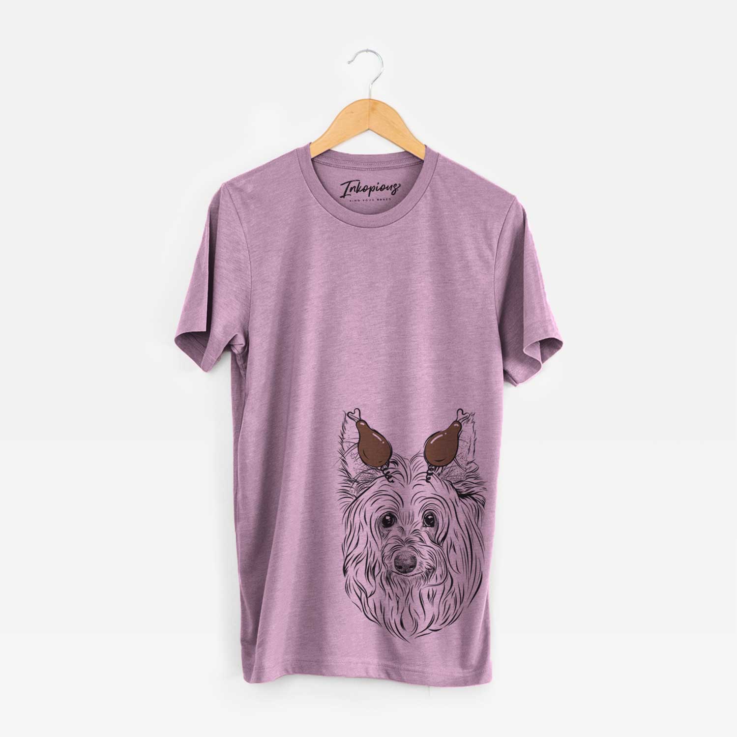 Hand-drawn sketch of Daisy May the Silky Terrier with a Thanksgiving turkey headpiece on an Orchid Unisex crewneck
