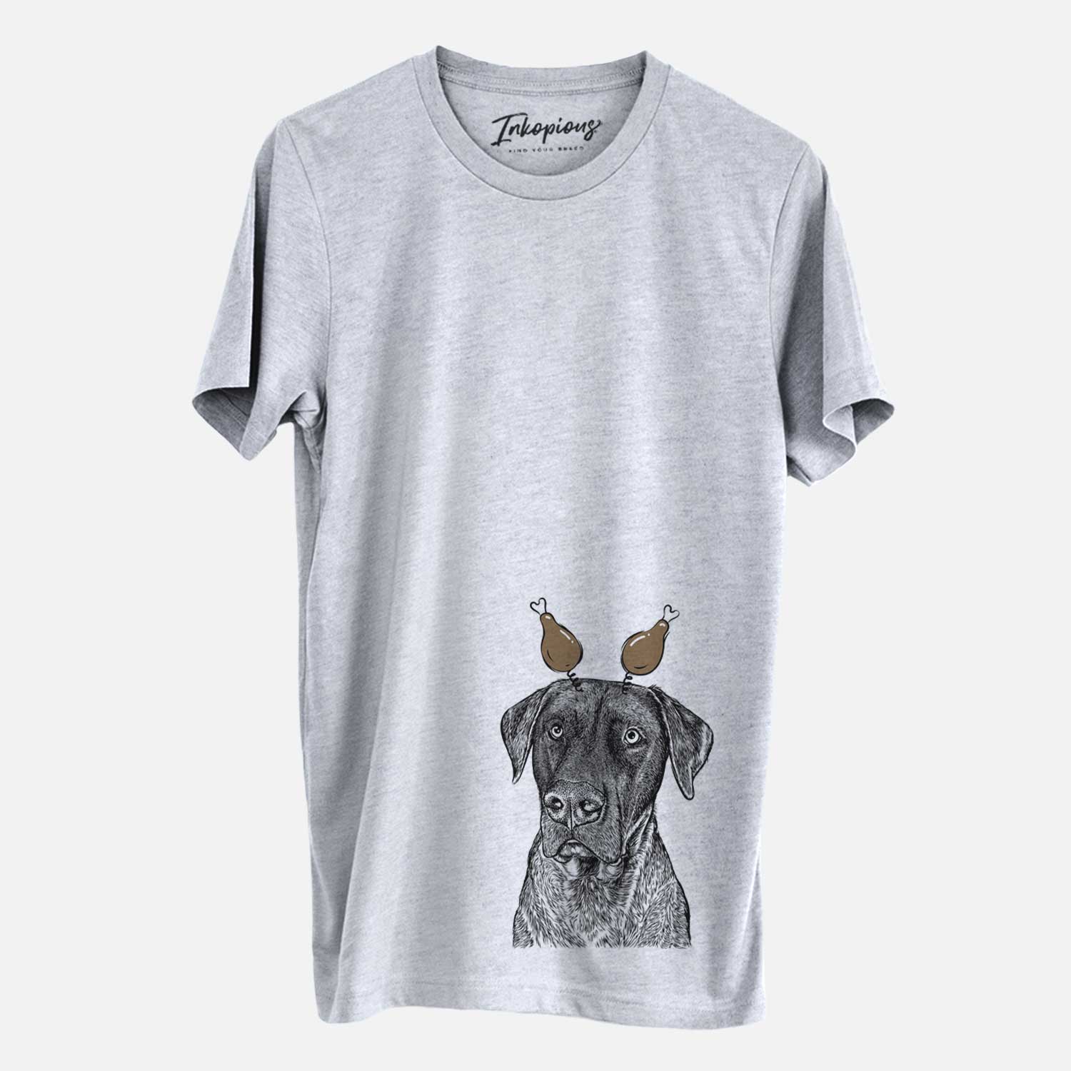 Hand-drawn sketch of David the Boxador with a Thanksgiving turkey headpiece on a Grey Unisex crewneck
