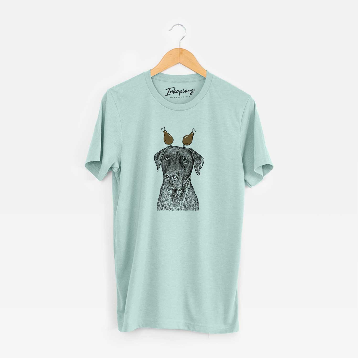 Hand-drawn sketch of David the Boxador with a Thanksgiving turkey headpiece on a Heather Sage Unisex crewneck