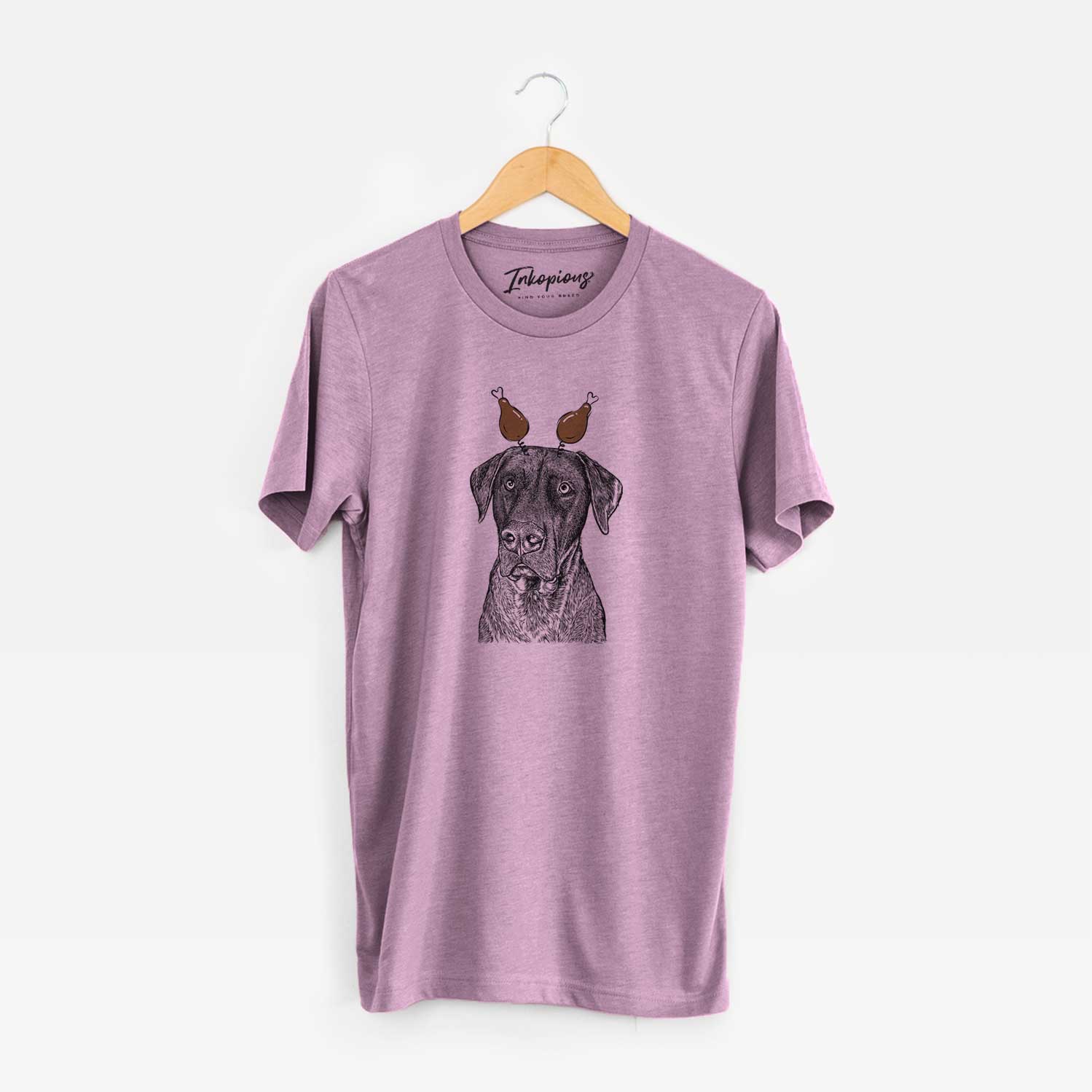Hand-drawn sketch of David the Boxador with a Thanksgiving turkey headpiece on an Orchid Unisex crewneck