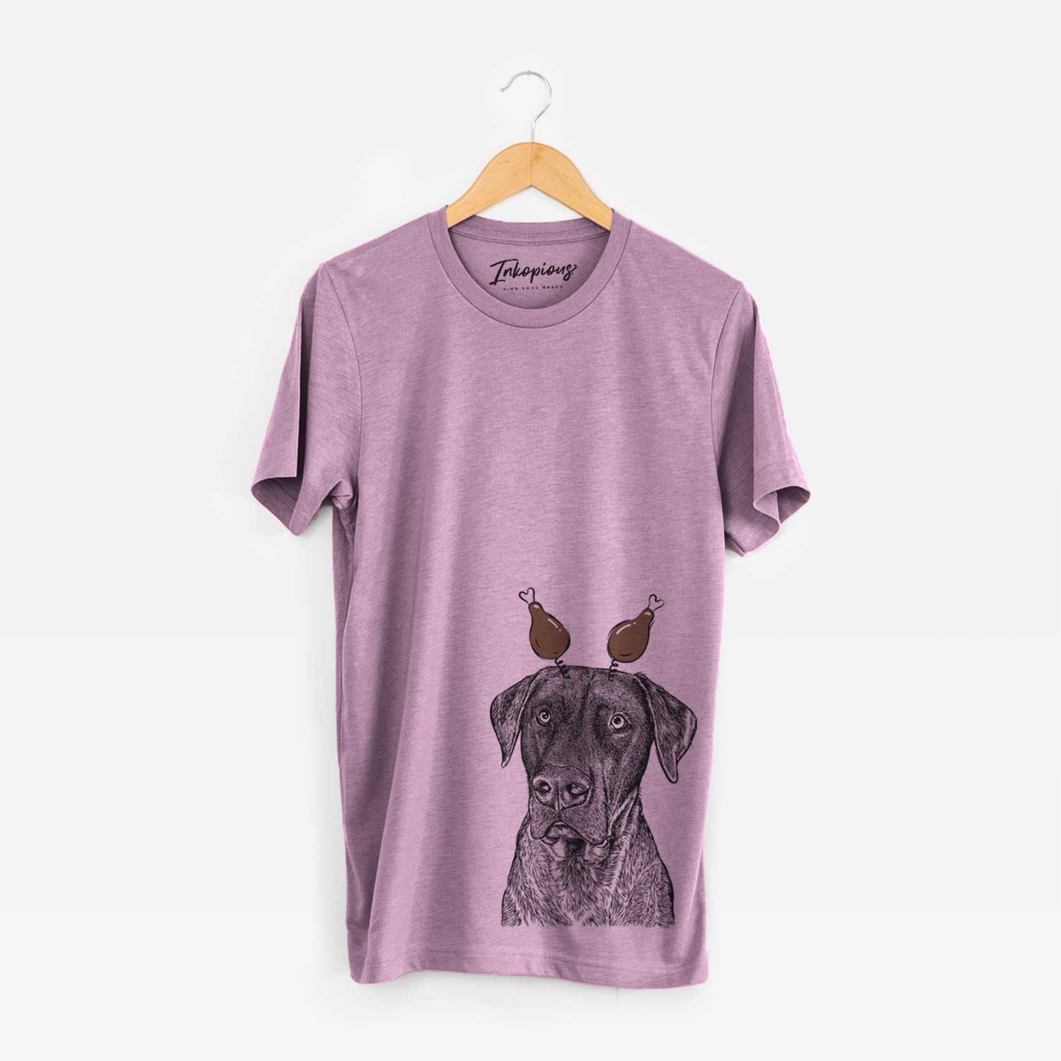 Hand-drawn sketch of David the Boxador with a Thanksgiving turkey headpiece on an Orchid Unisex crewneck