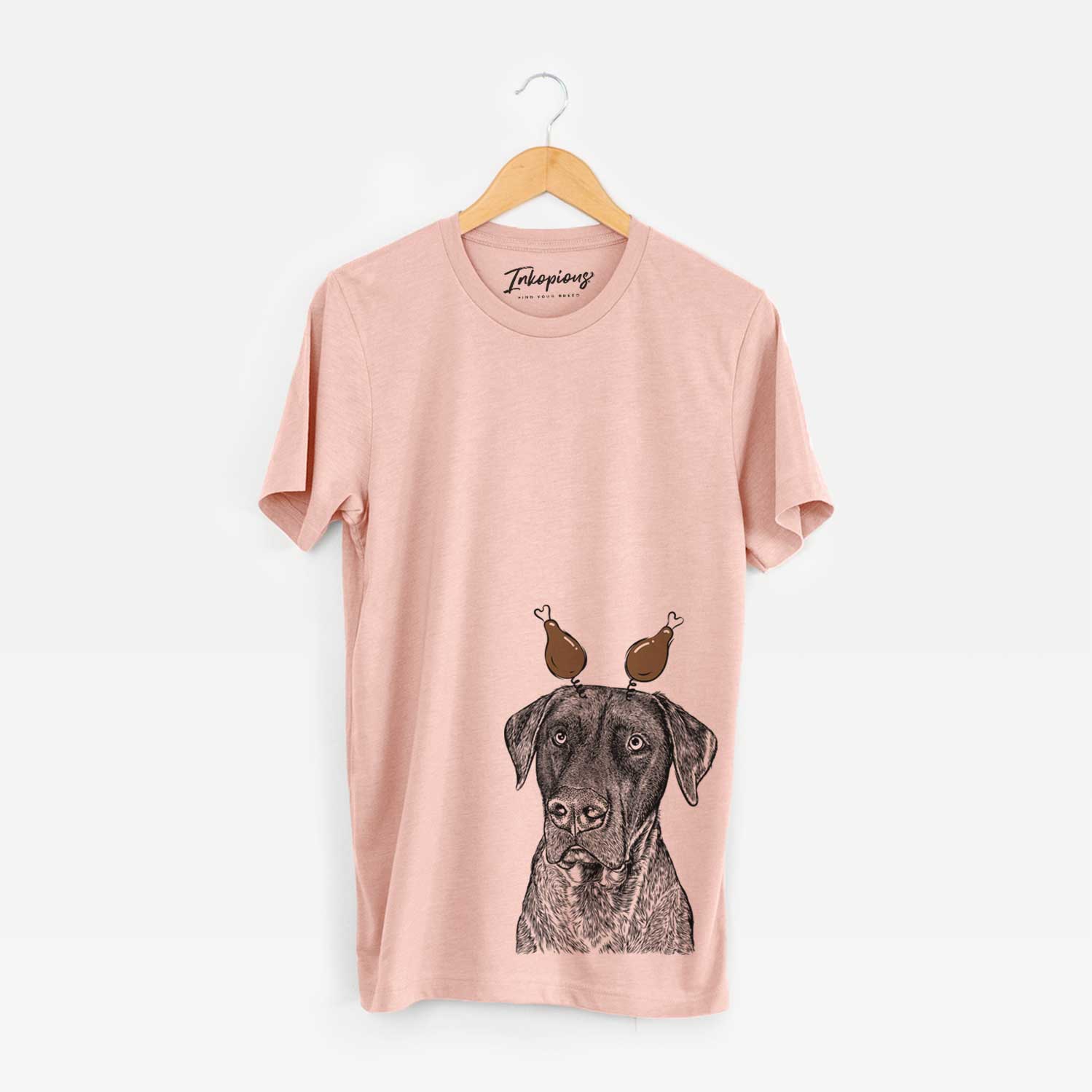 Hand-drawn sketch of David the Boxador with a Thanksgiving turkey headpiece on a Peach Unisex crewneck