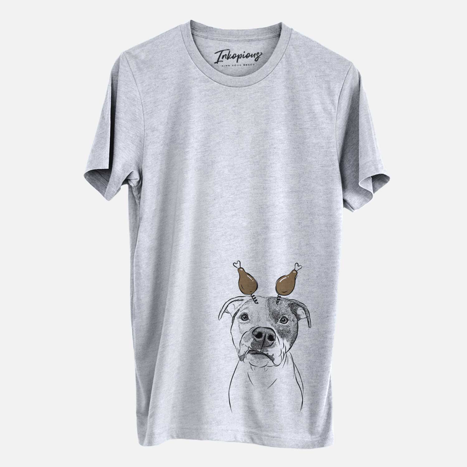 Hand-drawn sketch of Dexter the Pitbull with a Thanksgiving turkey headpiece on a Grey Unisex crewneck